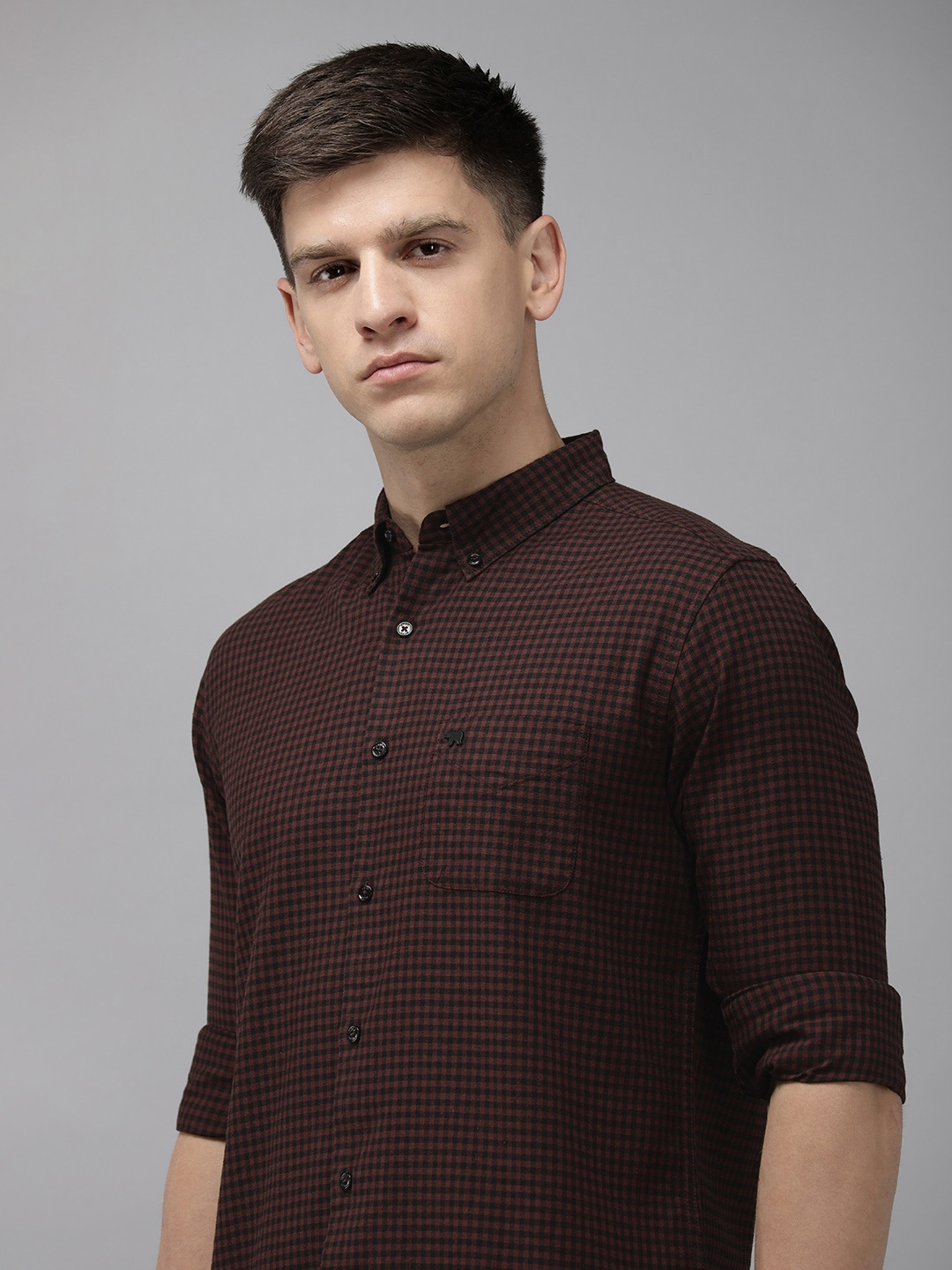 

THE BEAR HOUSE Slim Fit Gingham Checks Opaque Casual Shirt, Maroon