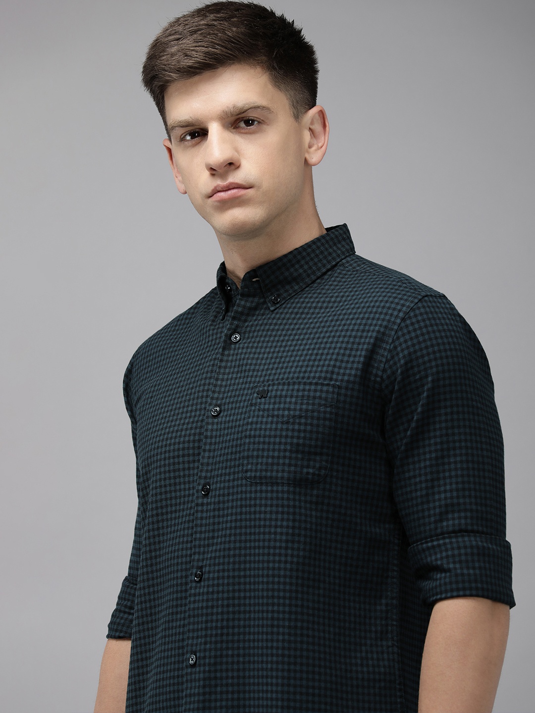 

THE BEAR HOUSE Slim Fit Gingham Checks Opaque Casual Shirt, Teal