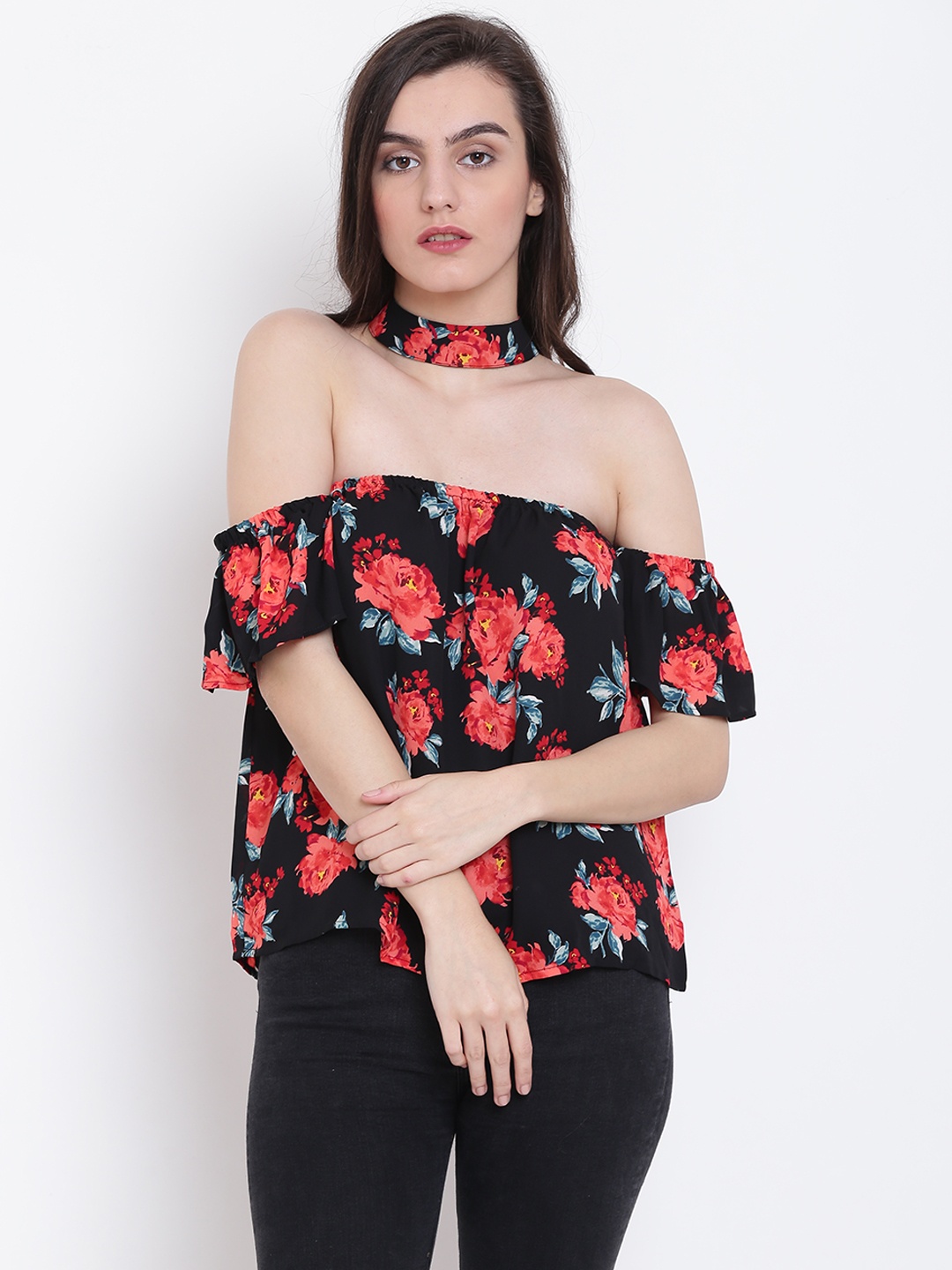 

FOREVER 21 Women Black & Red Printed Bardot Top