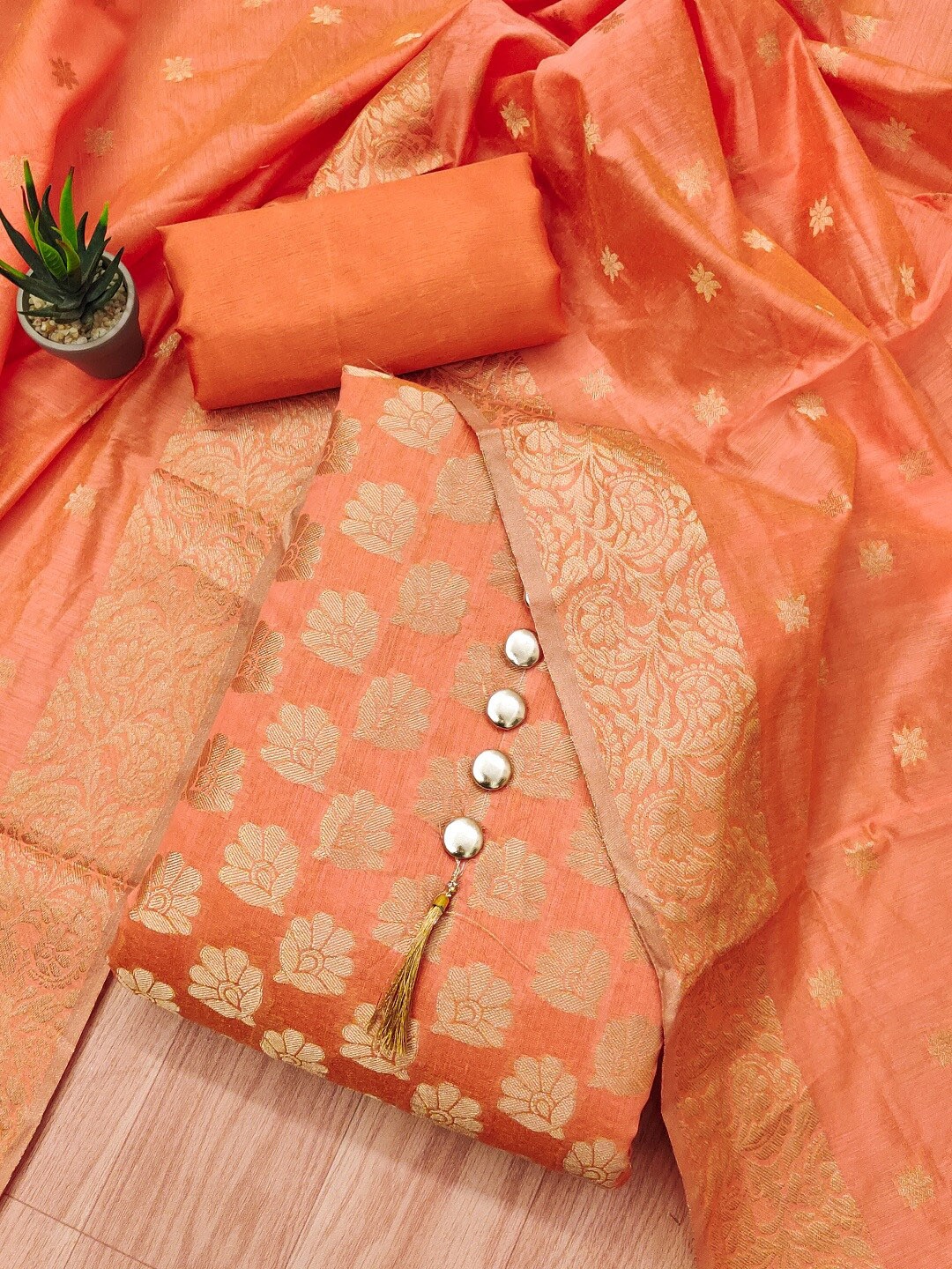 

KALINI Floral Woven Design Unstitched Dress Material, Orange