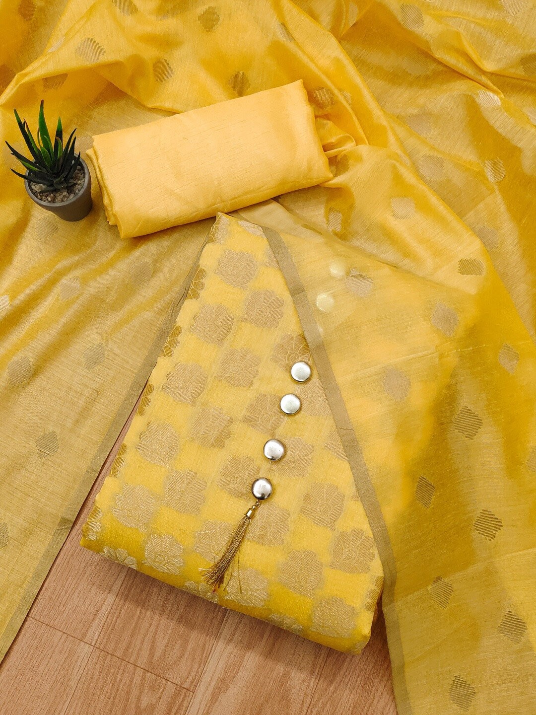 

KALINI Floral Woven Design Unstitched Dress Material, Yellow