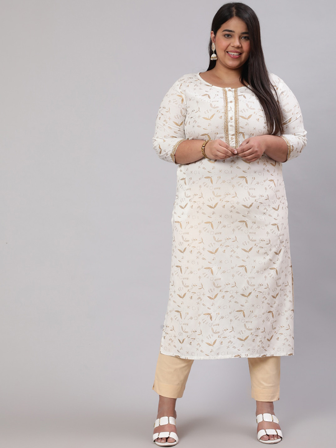 

Nayo Plus Size Floral Printed Cotton Kurta, White
