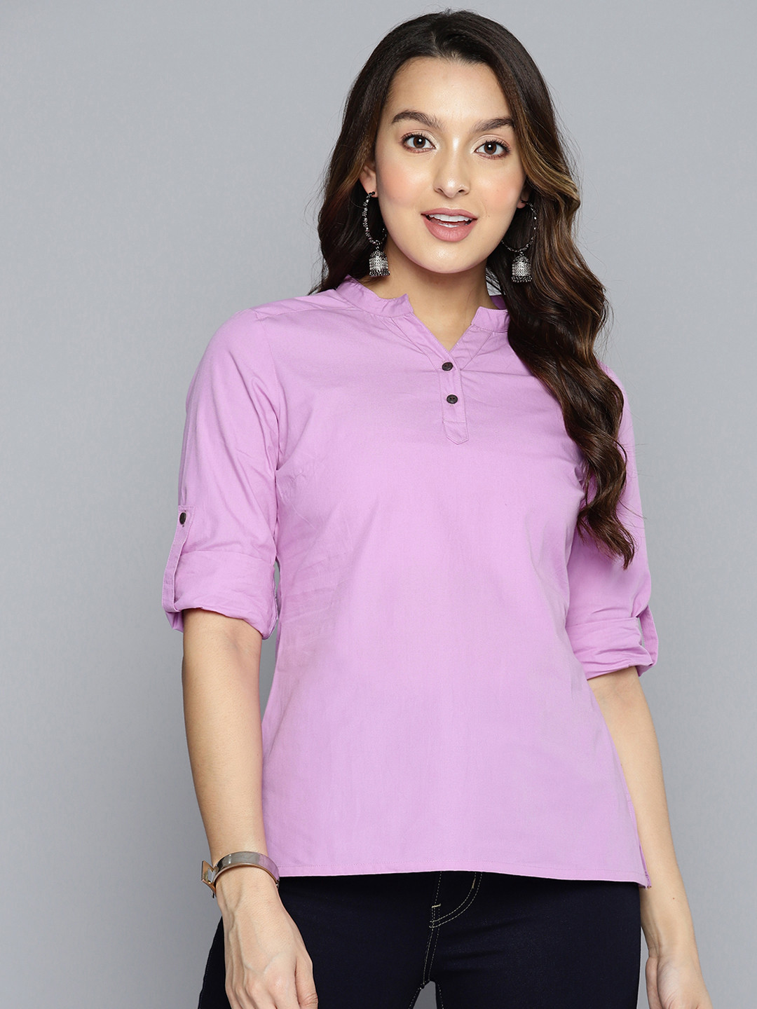

HERE&NOW Mandarin Collar Roll-Up Sleeves Top, Purple