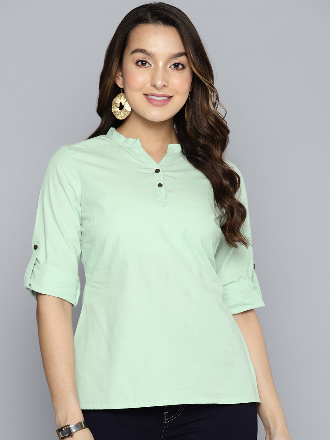 

HERE&NOW Mandarin Collar Roll-Up Sleeves Top, Green