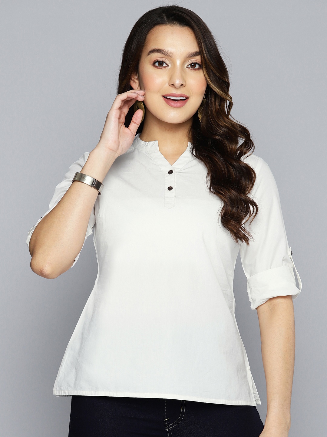 

HERE&NOW Mandarin Collar Roll-Up Sleeves Top, White