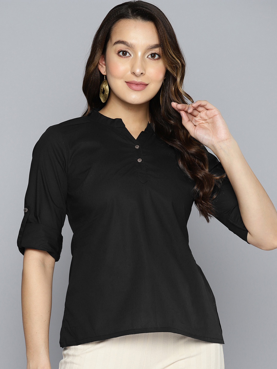 

HERE&NOW Mandarin Collar Roll-Up Sleeves Top, Black