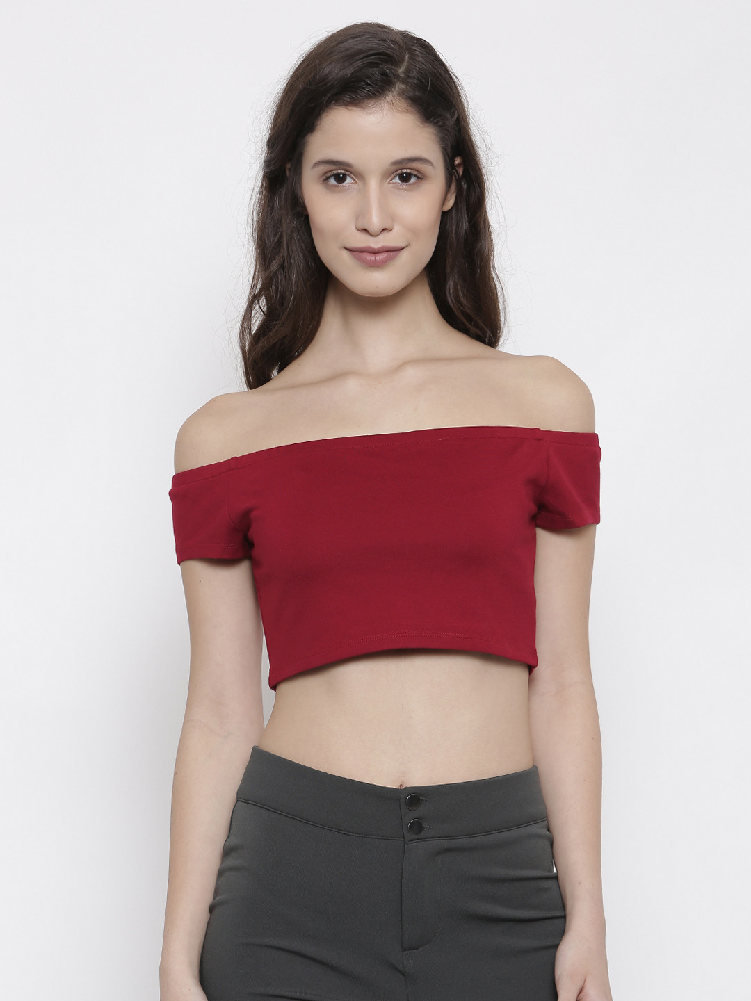 

FOREVER 21 Women Red Solid Crop Bardot Top