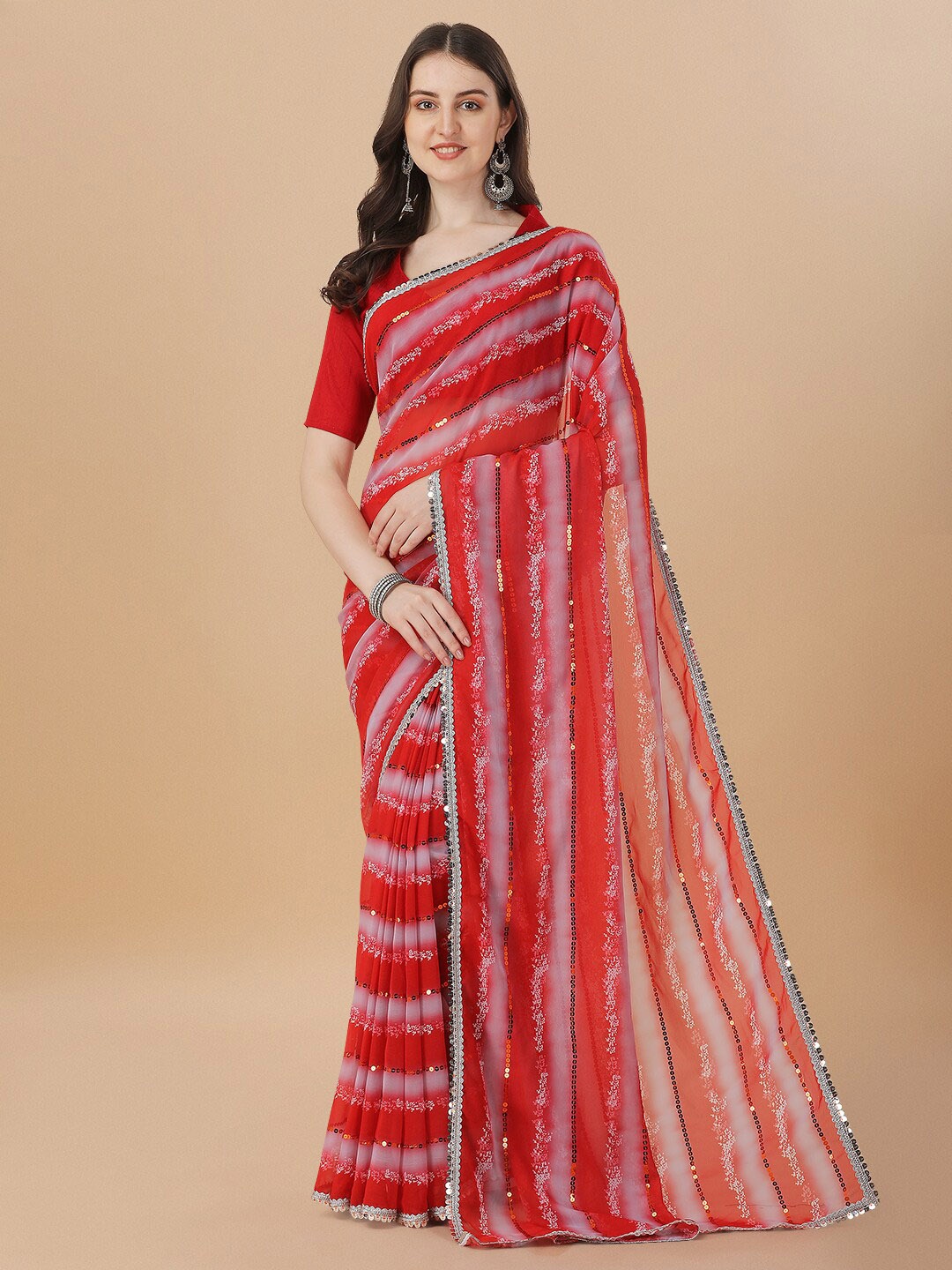 

Fab Viva Abstract Printed Sequinned Pure Georgette Saree, Red