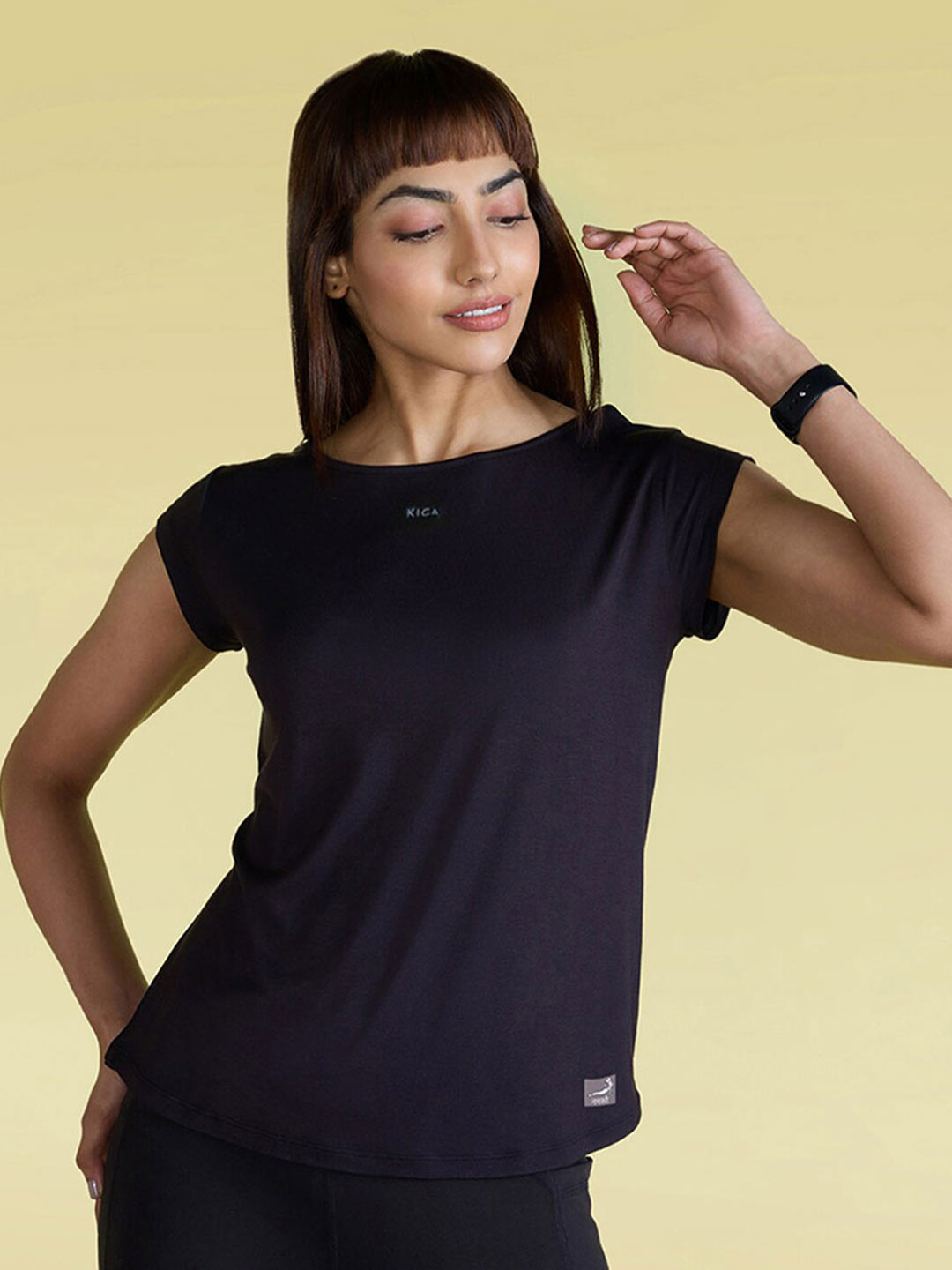 

KICA Women Super Soft Round Neck Cap Sleeves Yoga Top, Black