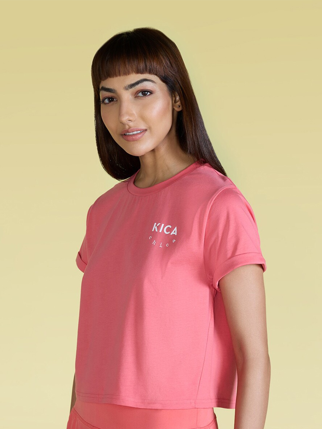 

KICA Brand Logo Printed Round Neck Cotton Boxy-Fit T-Shirt, Pink