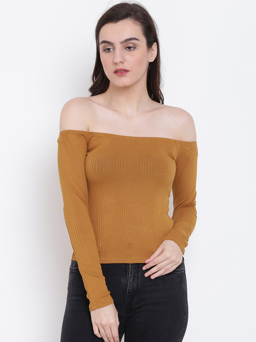 

FOREVER 21 Women Mustard Yellow Self-Striped Bardot Top