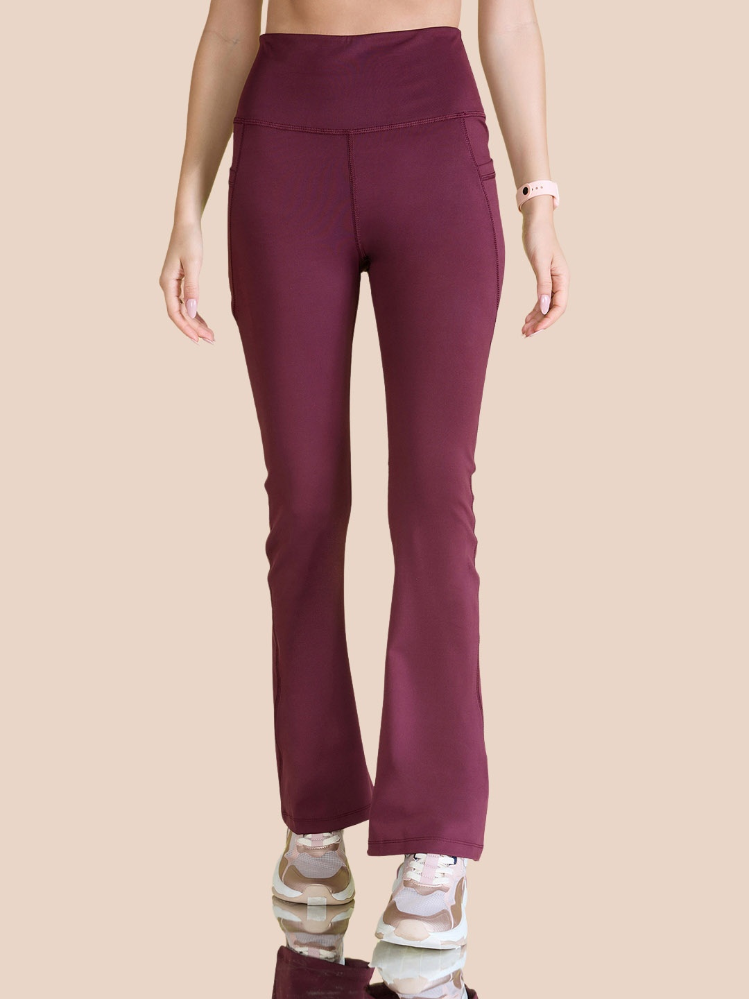 

KICA Women Stretchable Flared Pants With Pockets, Burgundy