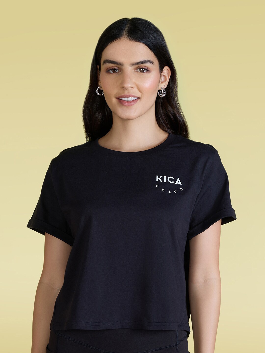 

KICA Brand Logo Printed Round Neck Cotton Boxy-Fit T-Shirt, Black