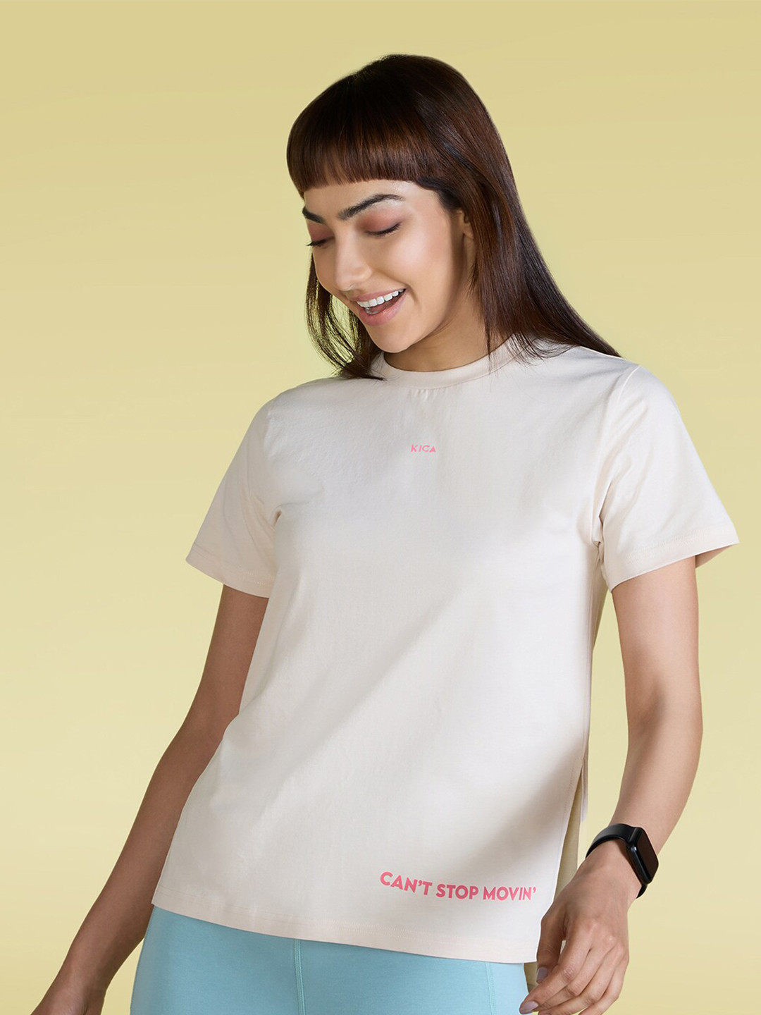 

KICA Typography Printed With Side Slit High-Low Hem Cotton T-Shirt, Off white