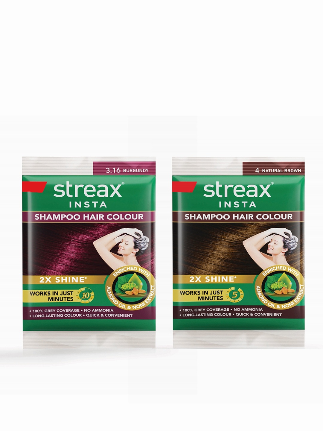 

Streax Set of 2 Insta Shampoo Hair Colour 18ml each - Burgundy 3.16 & Natural Brown 4