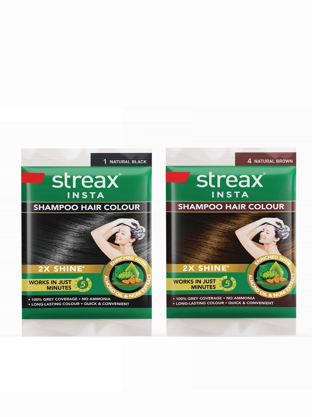 

Streax Set of 2 Insta Shampoo Hair Colour 18ml each - Natural Brown 4 & Natural Black 1