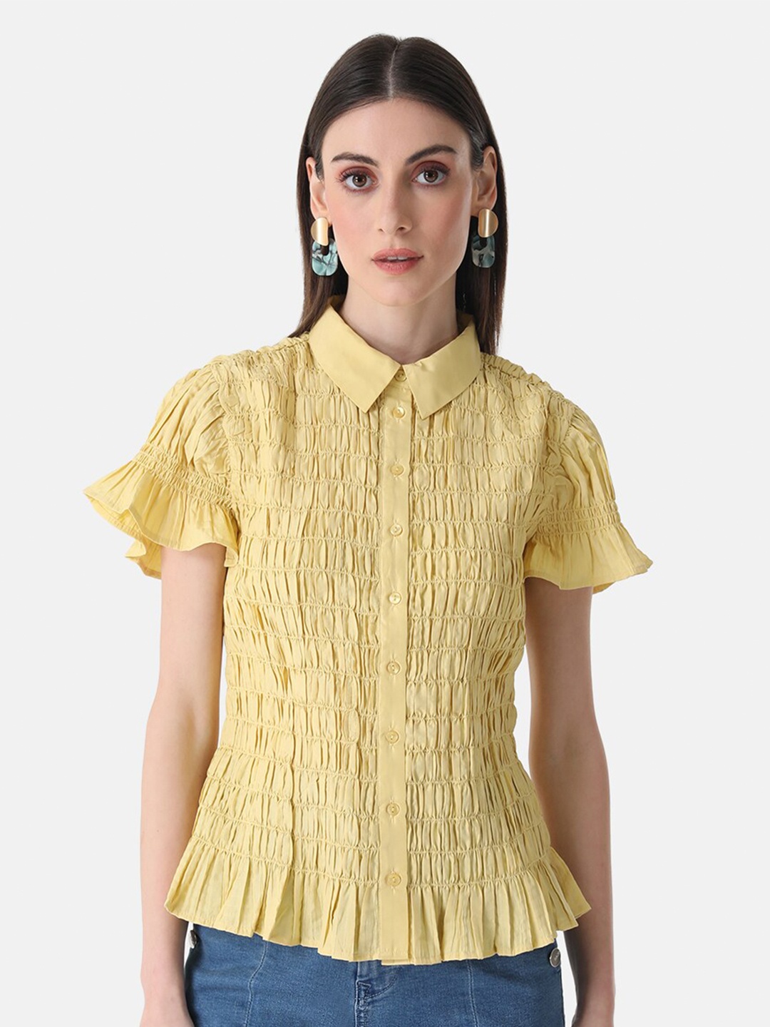 

Kazo Shirt Collar Smocked Bell Sleeves Shirt Style Top, Yellow