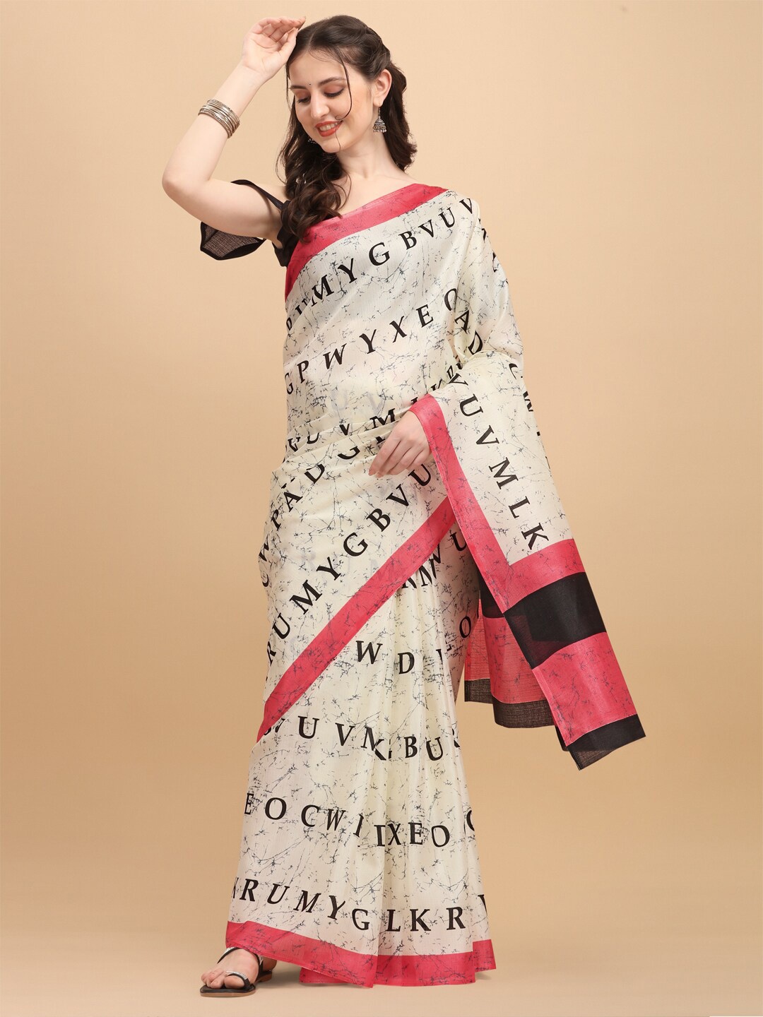 

KALINI Typography Printed Saree, Beige