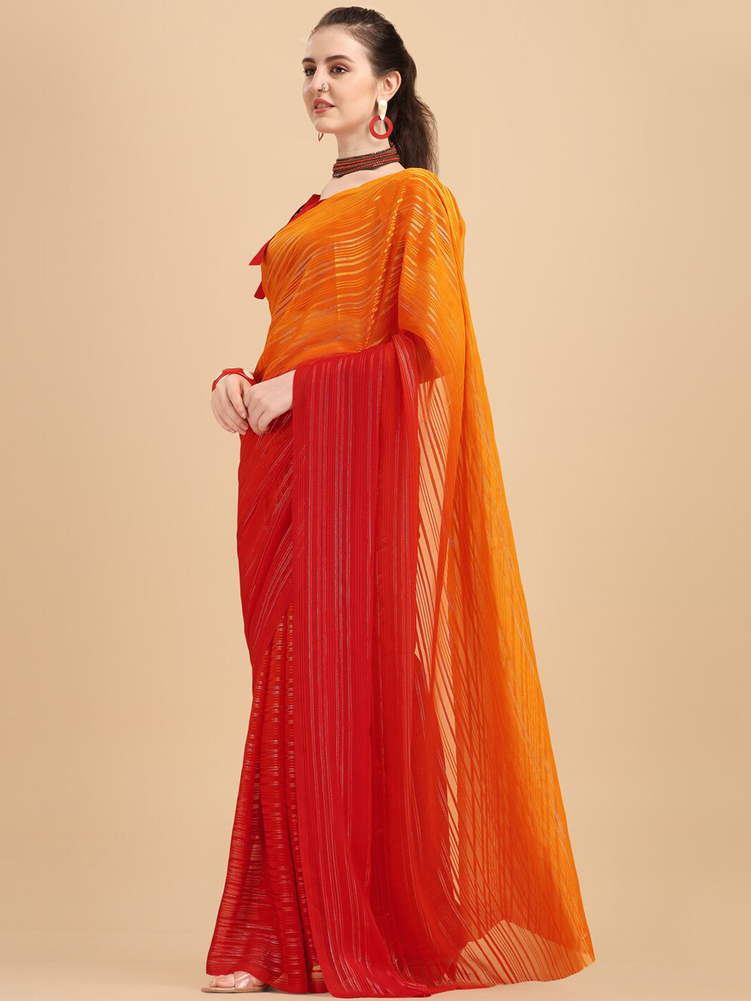 

KALINI Striped Ombre Pure Georgette Saree, Red