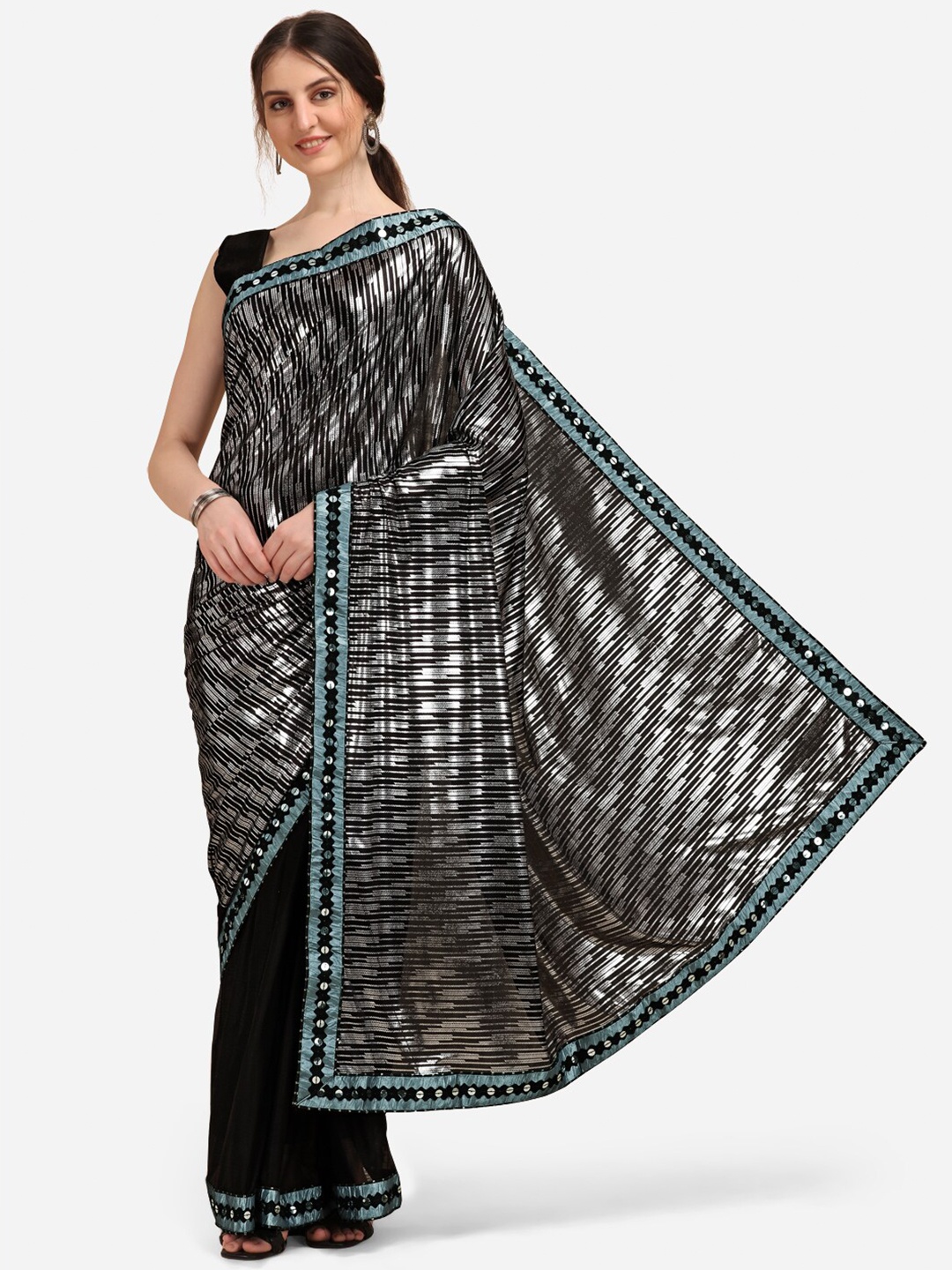 

KALINI Embellished Sequinned Saree, Black