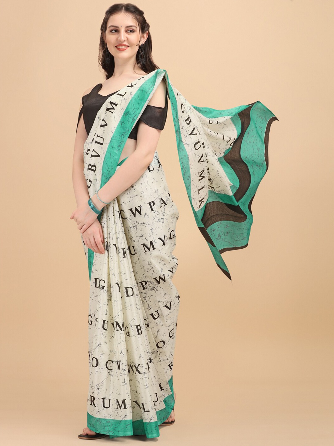 

KALINI Alphabet Printed Saree, Beige