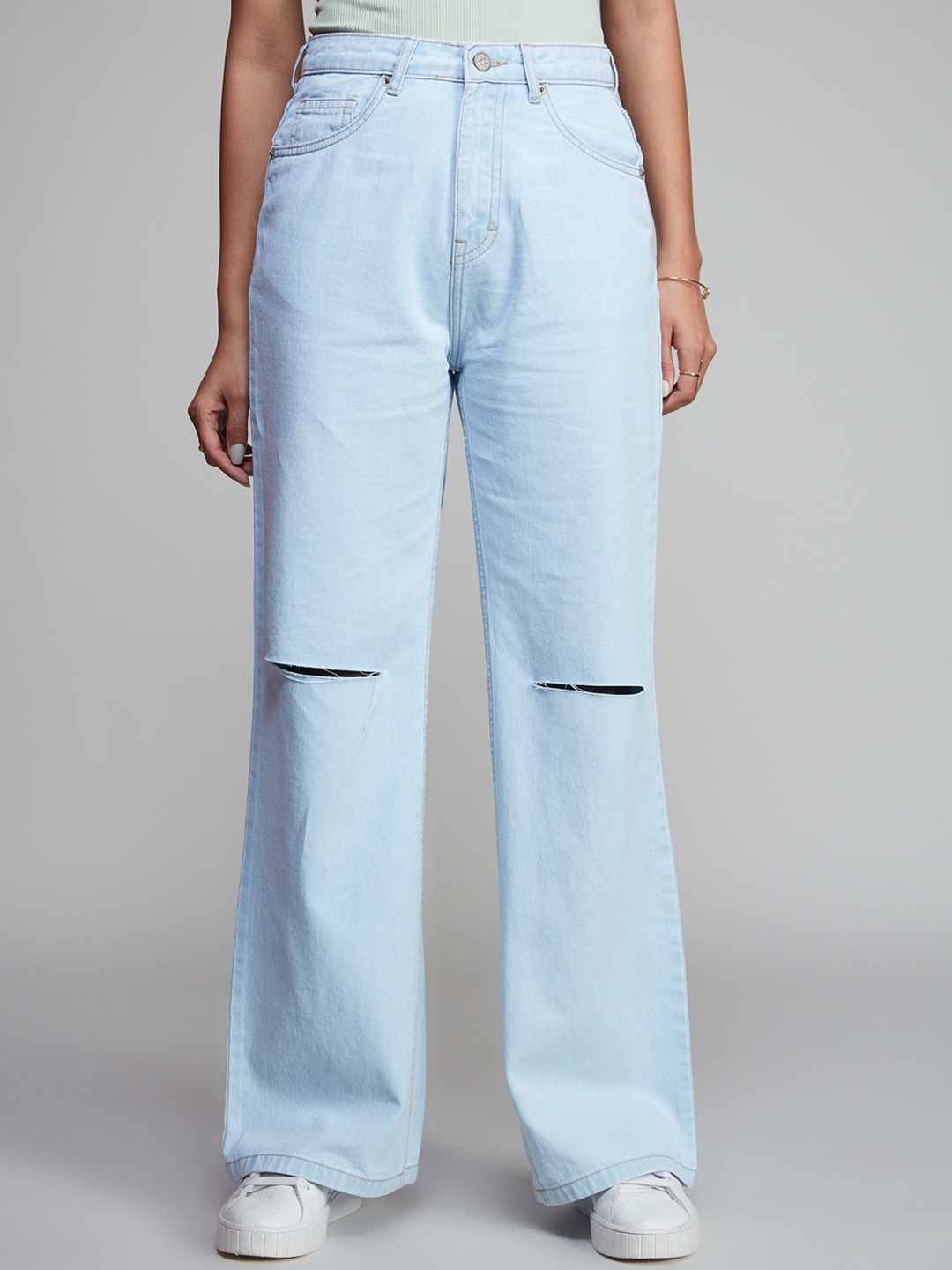 

20Dresses Women Wide Leg High-Rise Slash Knee Pure Cotton Jeans, Blue