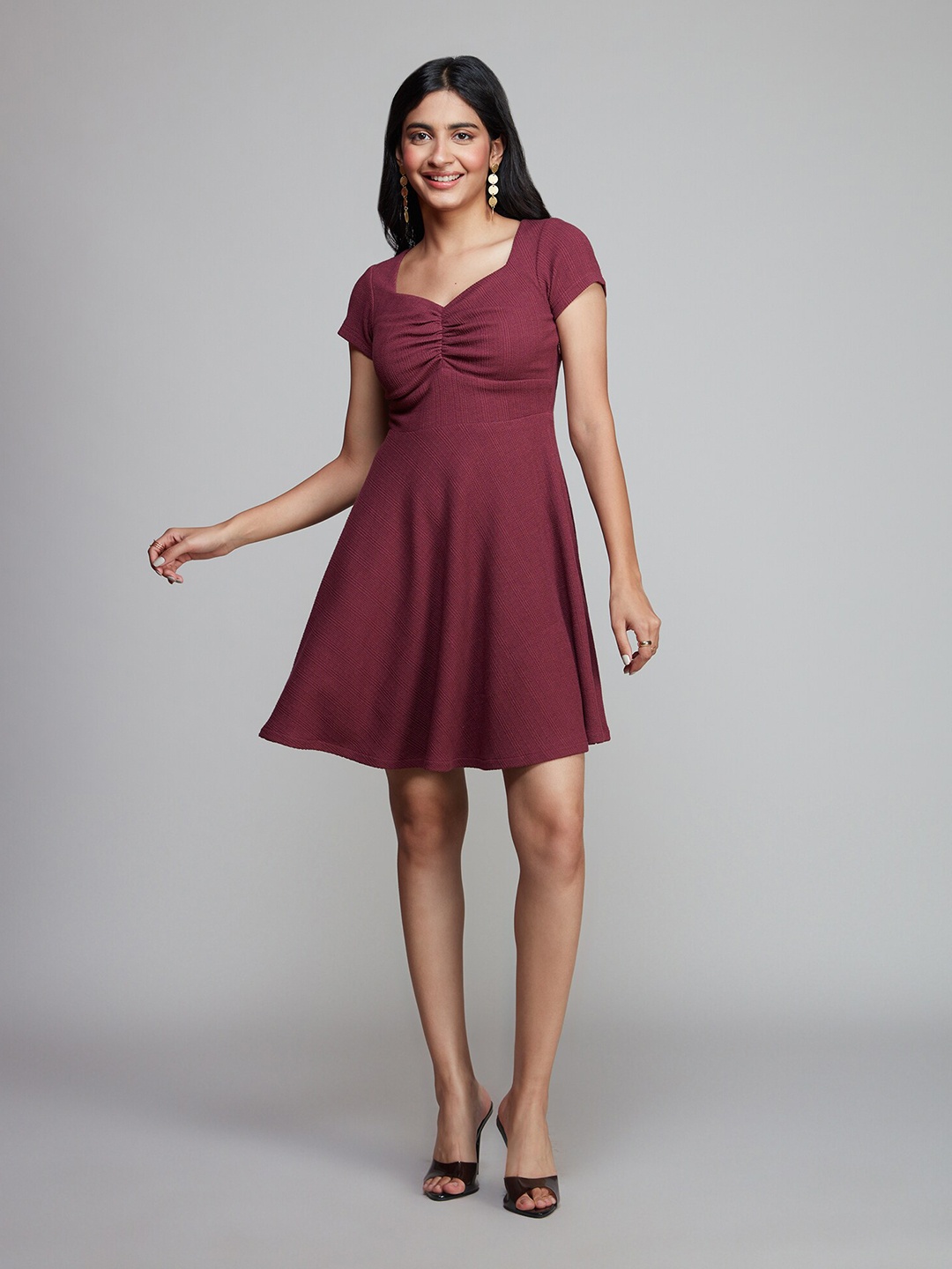 

20Dresses Self Design Fit & Flare Dress, Maroon