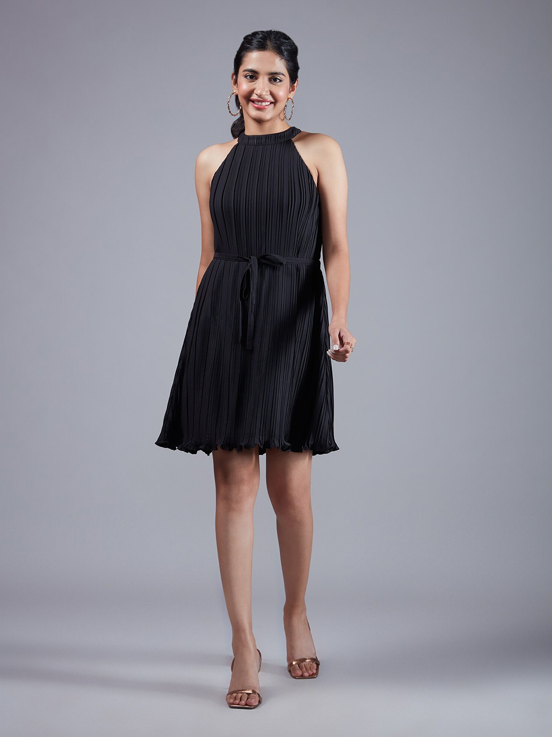 

20Dresses Round Neck Accordion Pleats Fit & Flare Dress, Black