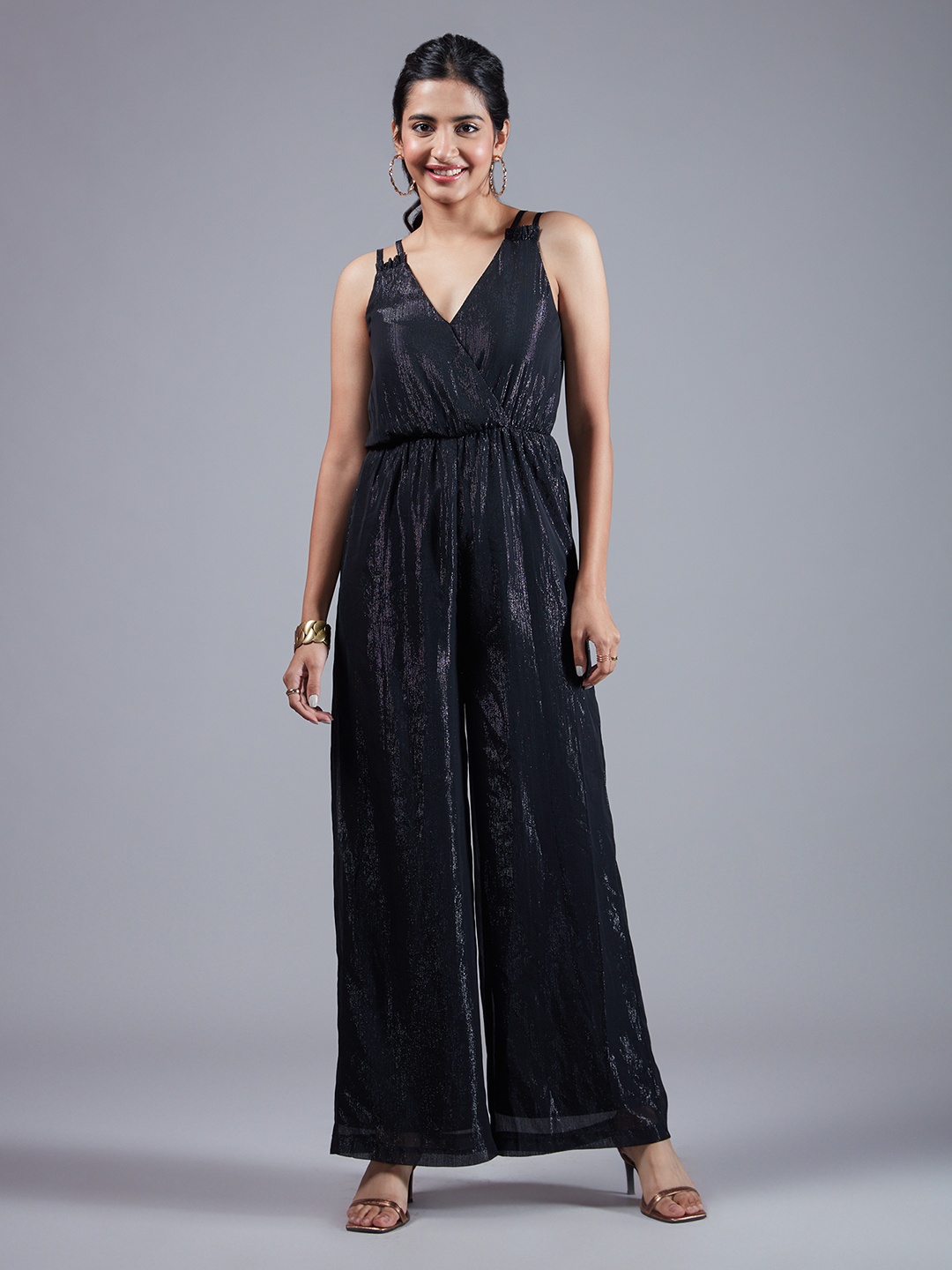 

20Dresses V-Neck Double Strap Shimmer Basic Jumpsuit, Black