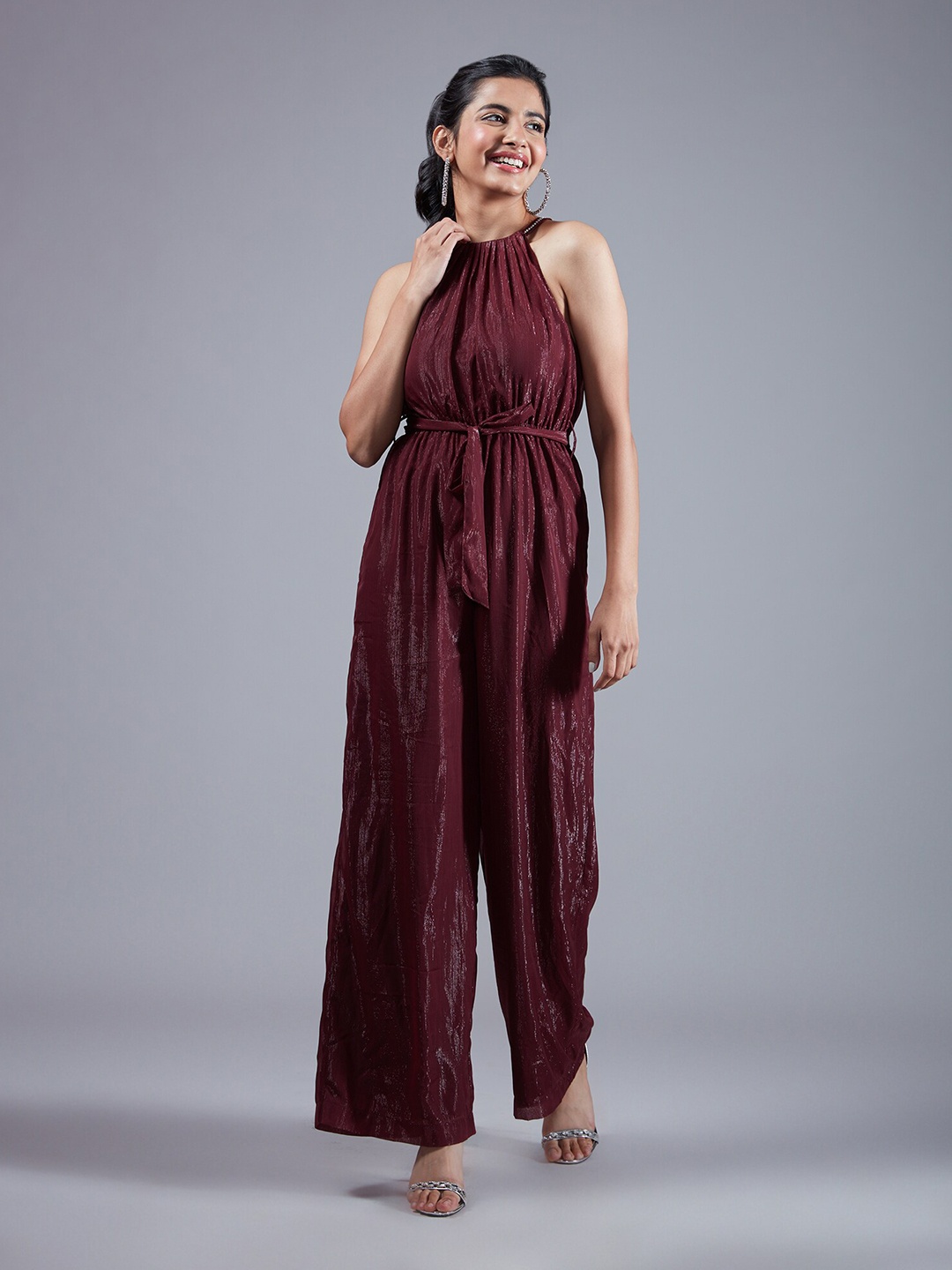 

20Dresses Halter Neck Waist Tie-ups Shimmer Basic Jumpsuit, Burgundy