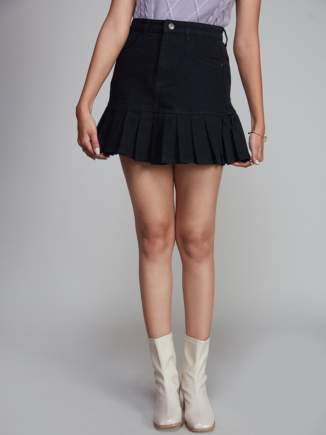 

20Dresses Women Box Pleated Pure Cotton Mini A-Line Skirt, Black
