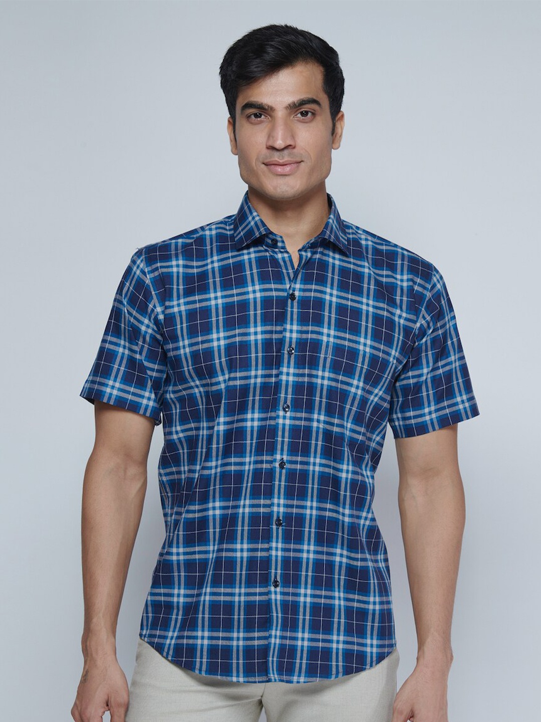 

MARK & ALBERT India Slim Tartan Checks Slim Fit Cotton Casual Shirt, Navy blue