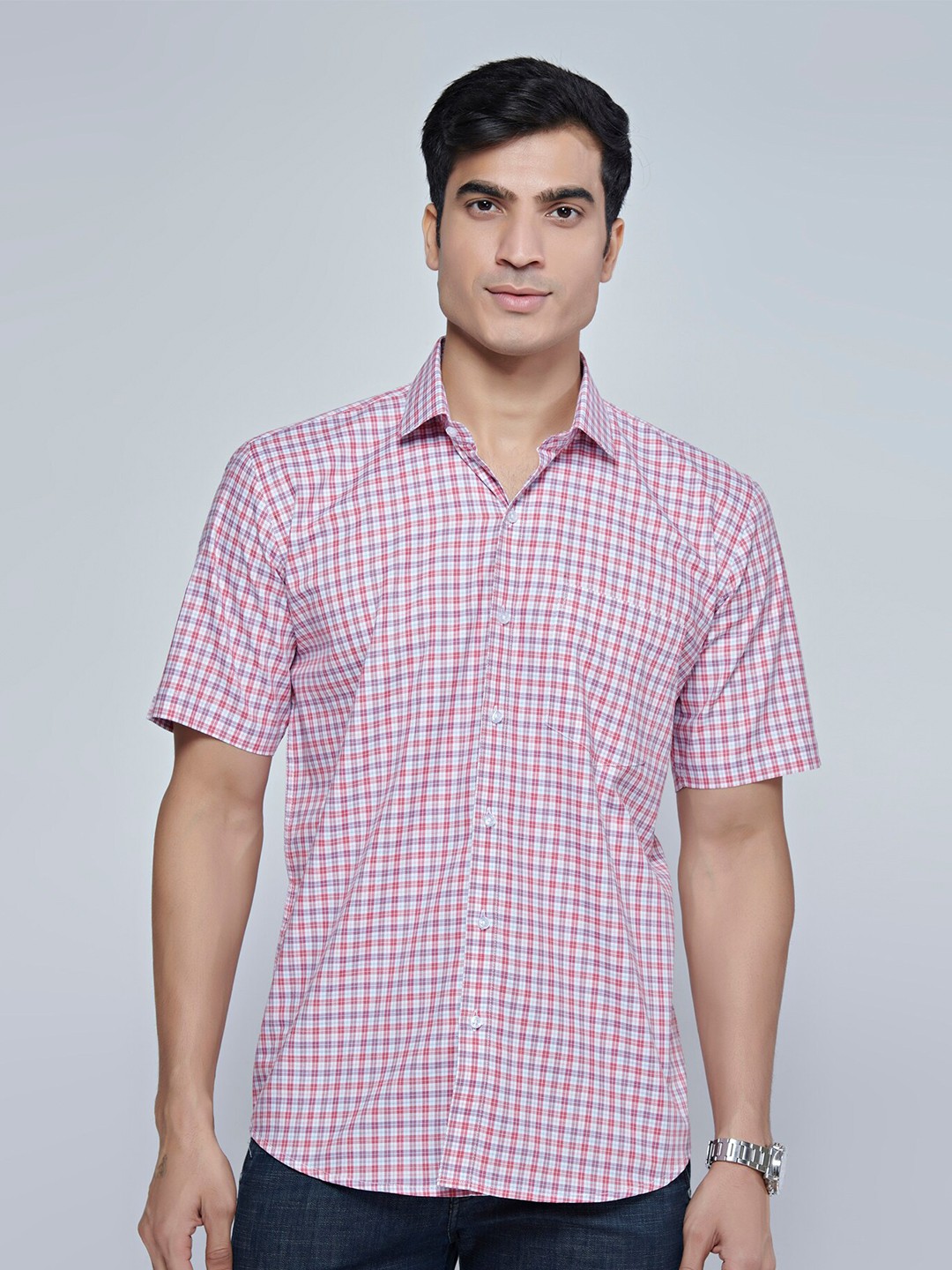 

MARK & ALBERT Spread Collar Slim Fit Checked Cotton Casual Shirt, Pink