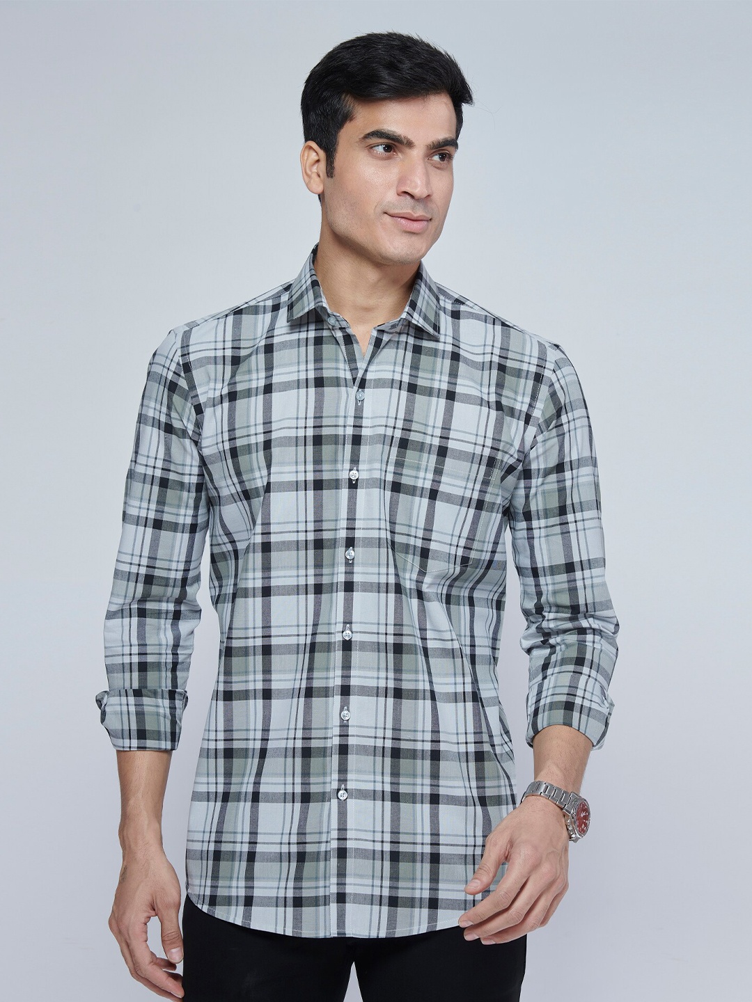 

MARK & ALBERT India Slim Tartan Checks Slim Fit Cotton Casual Shirt, Green