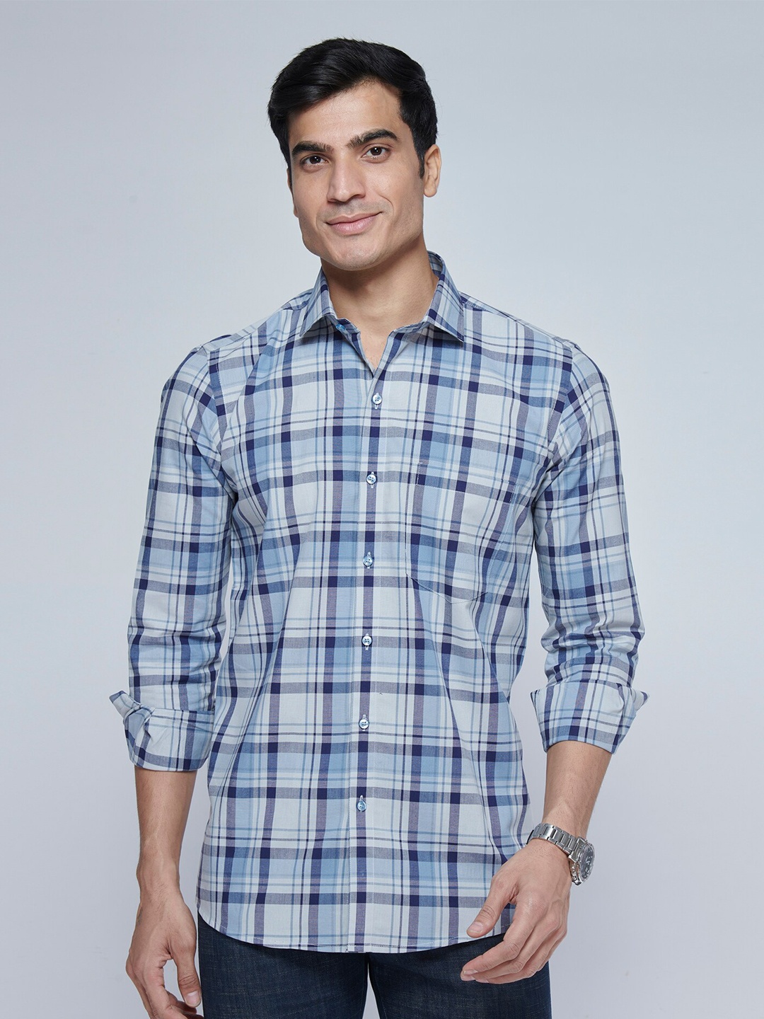 

MARK & ALBERT Spread Collar Slim Fit Checked Cotton Casual Shirt, Blue