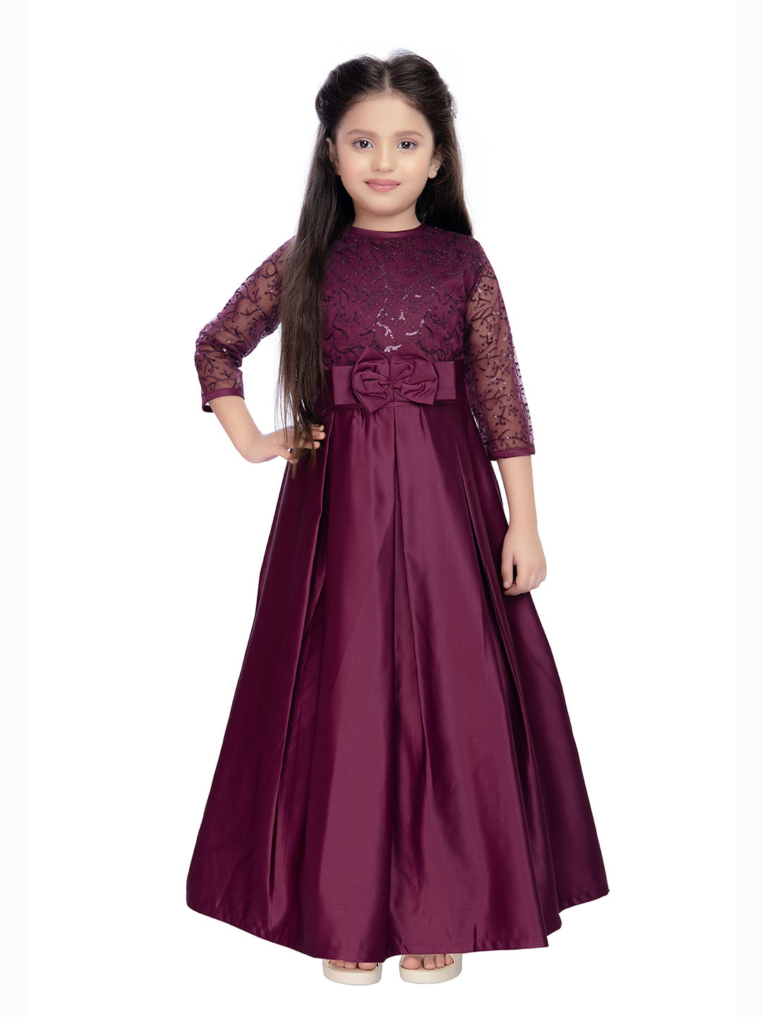 

Tiny Kingdom Self Design Satin Maxi Dress, Burgundy
