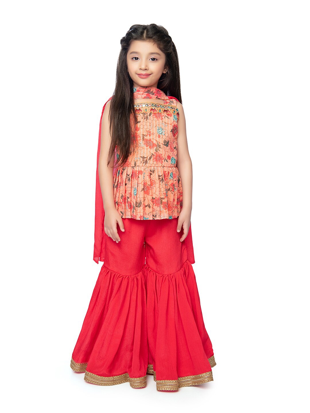 

Tiny Kingdom Girls Floral Printed Mirror Work Kurti with Sharara & Dupatta, Orange