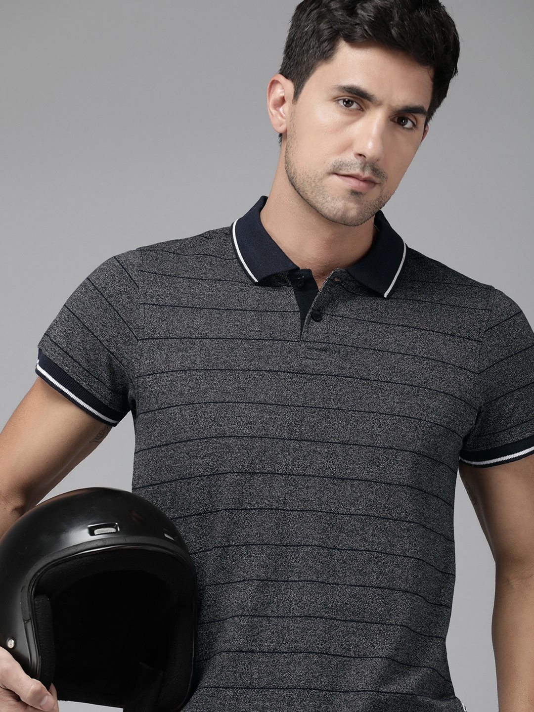 

Roadster Men Striped Polo Collar T-shirt, Navy blue