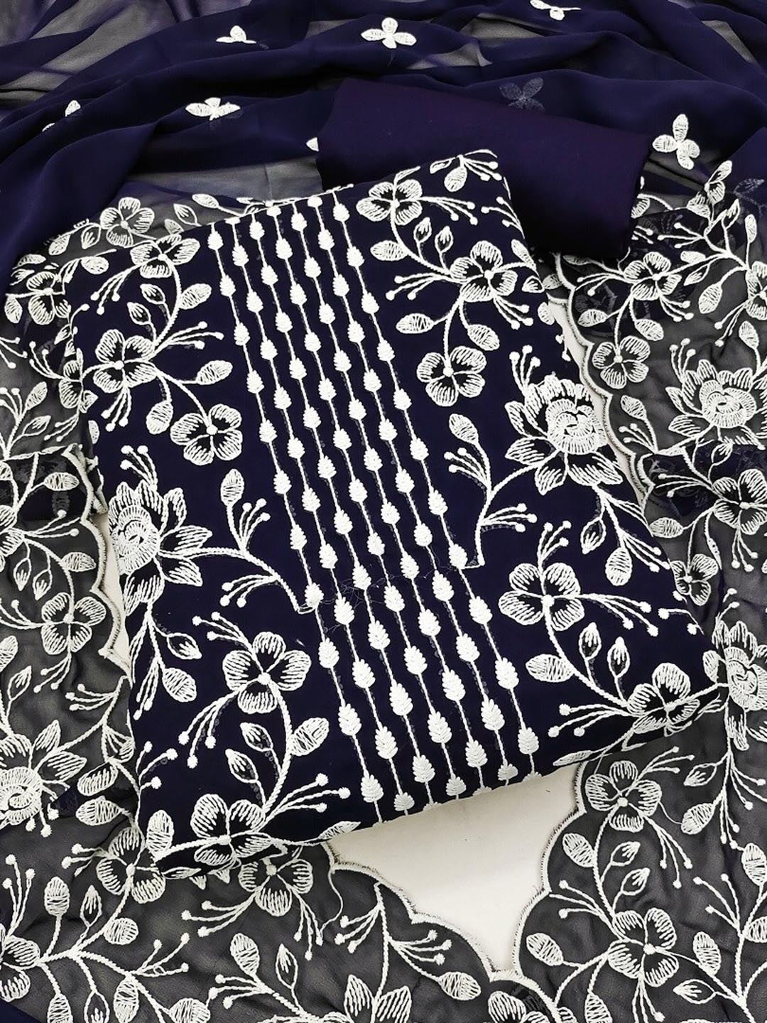 

KALINI Floral Embroidered Unstitched Dress Material, Navy blue
