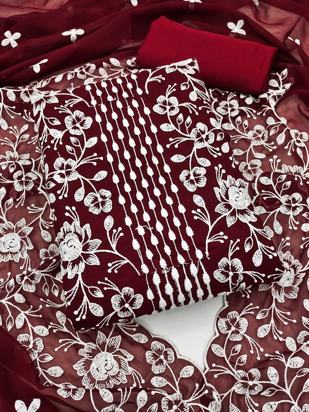 

KALINI Floral Embroidered Unstitched Dress Material, Maroon
