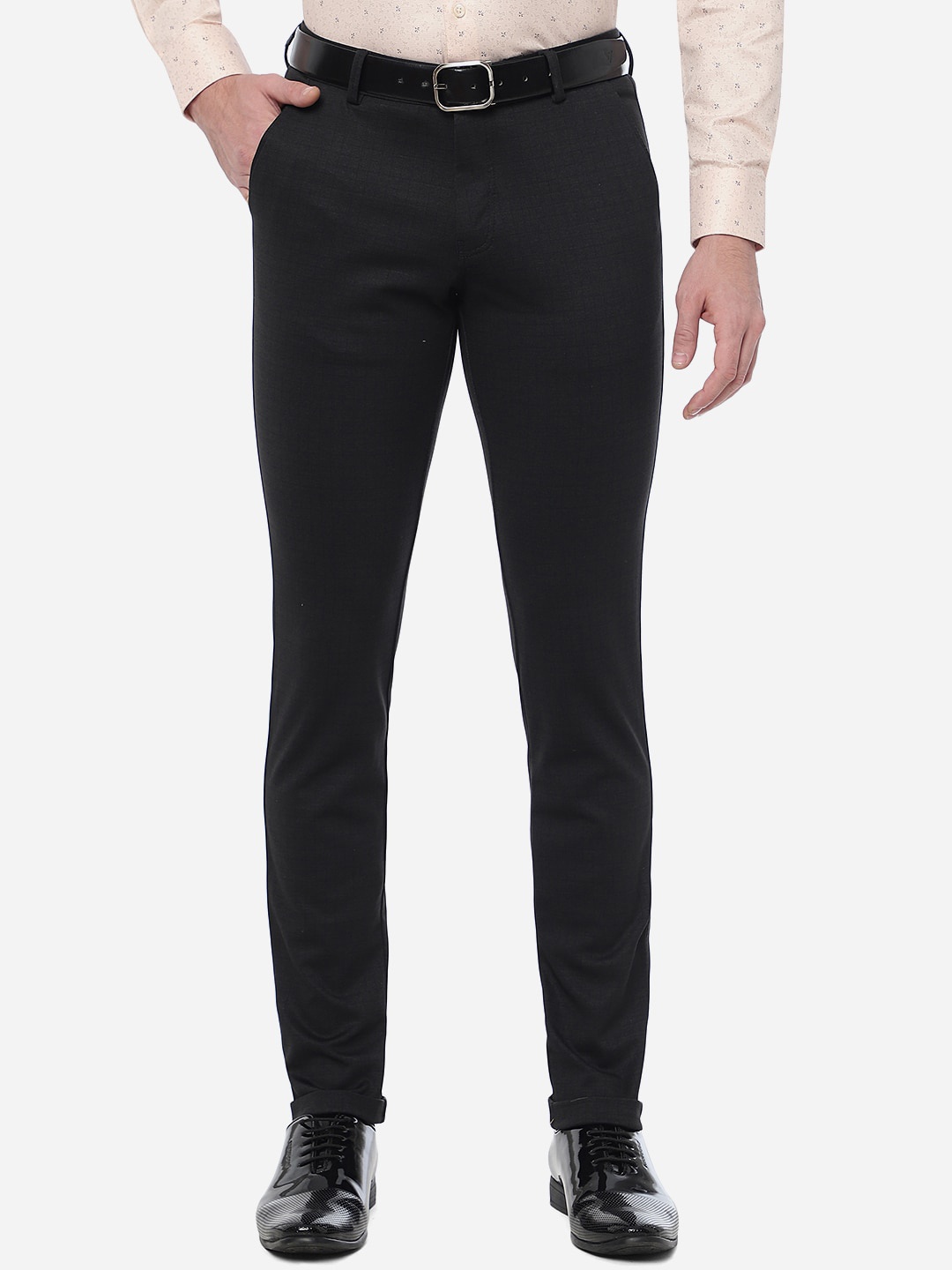 

JB STUDIO Men Checked Slim Fit Cotton Formal Trousers, Charcoal