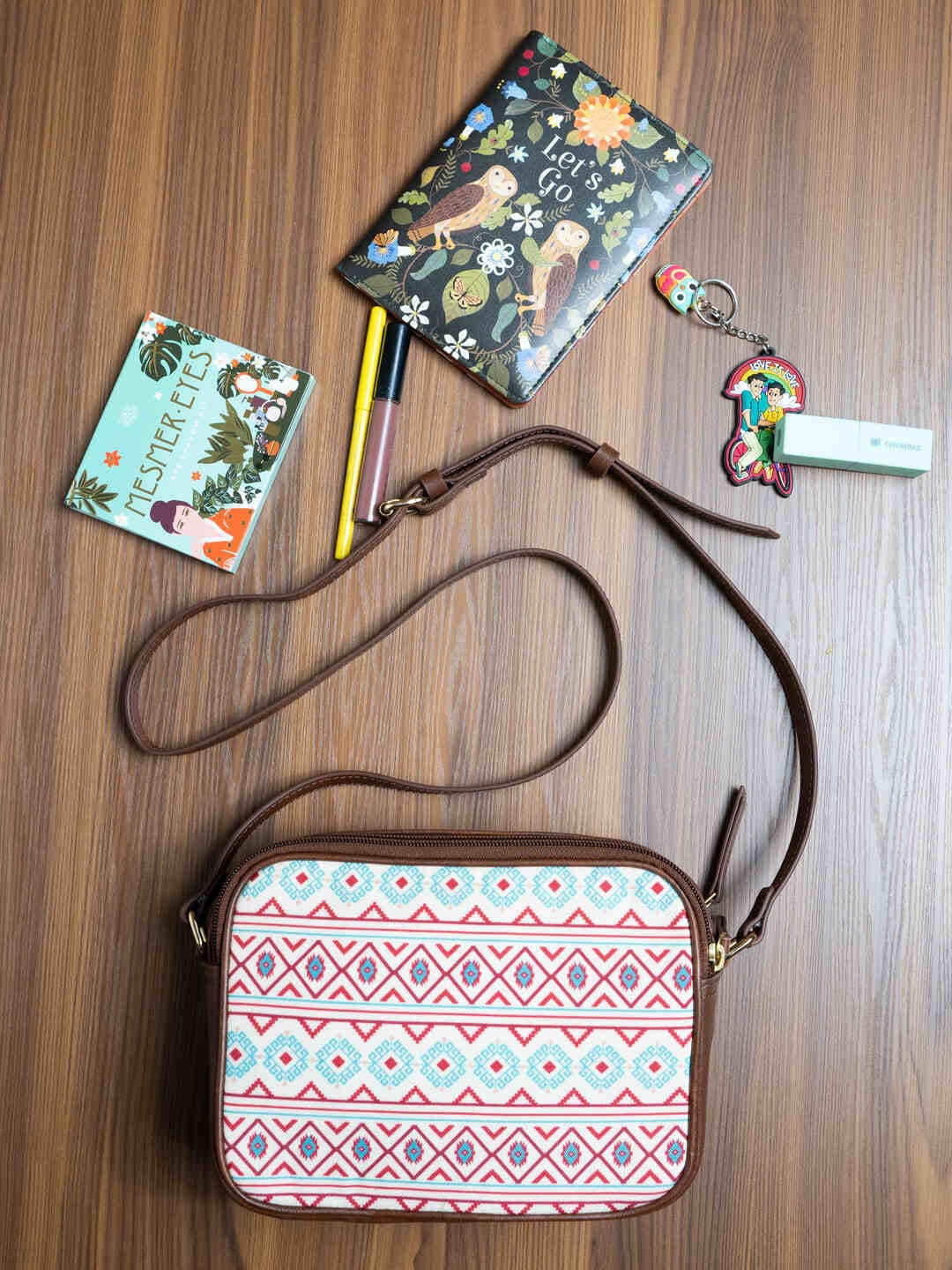 

TEAL BY CHUMBAK Geometric Printed Canvas Structured Sling Bag, Red