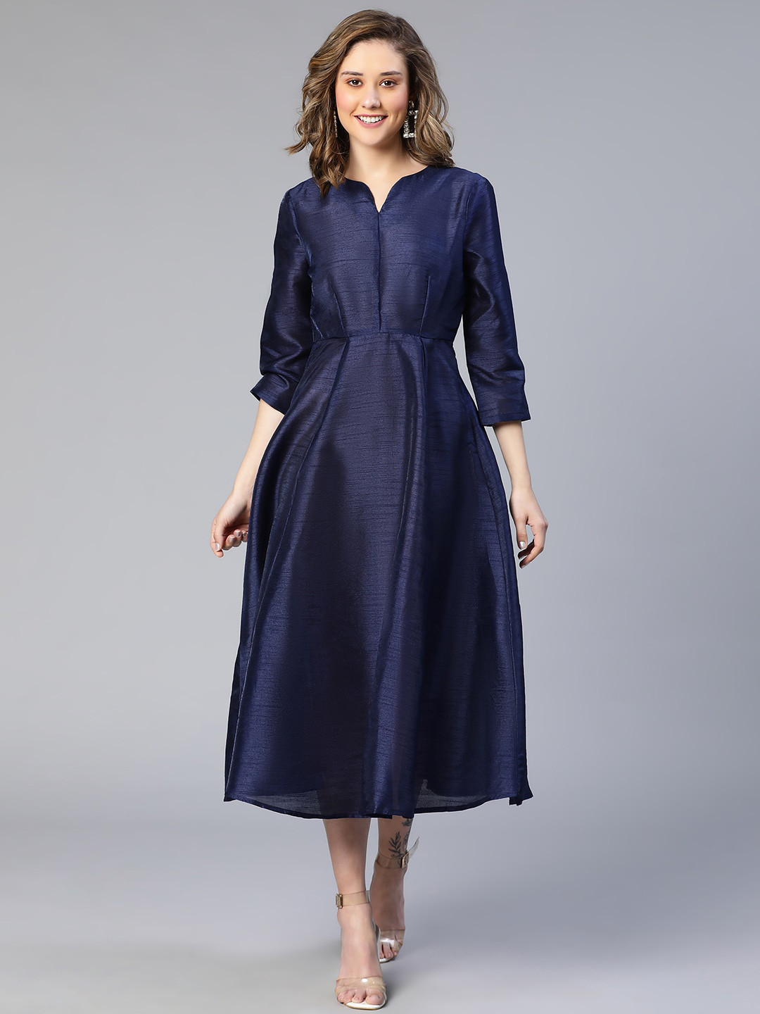 

Oxolloxo Notch Neck A-Line Midi Dress, Navy blue