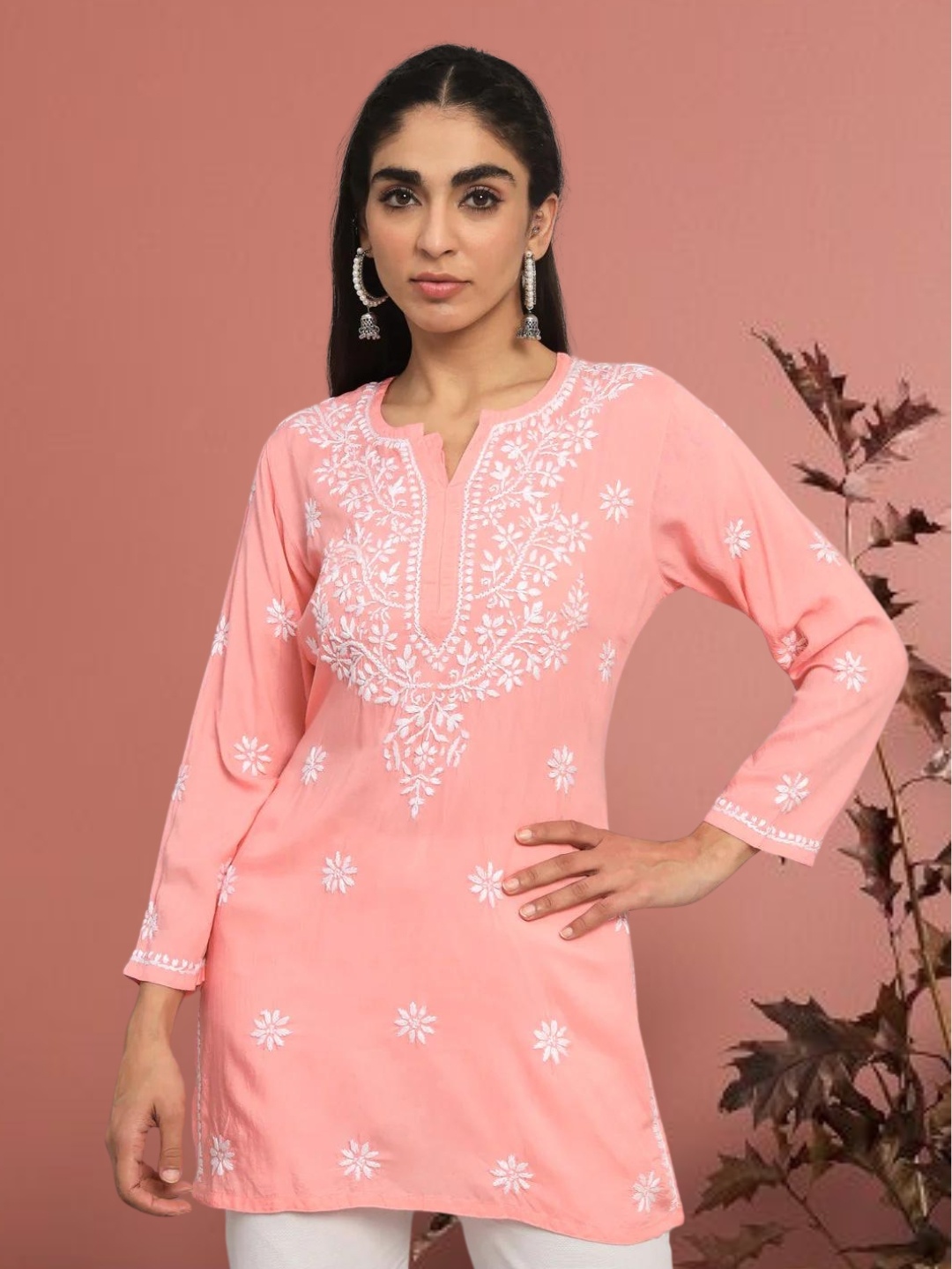 

PARAMOUNT CHIKAN Women Embroidered Lucknowi Chikankari Modal Kurti, Peach