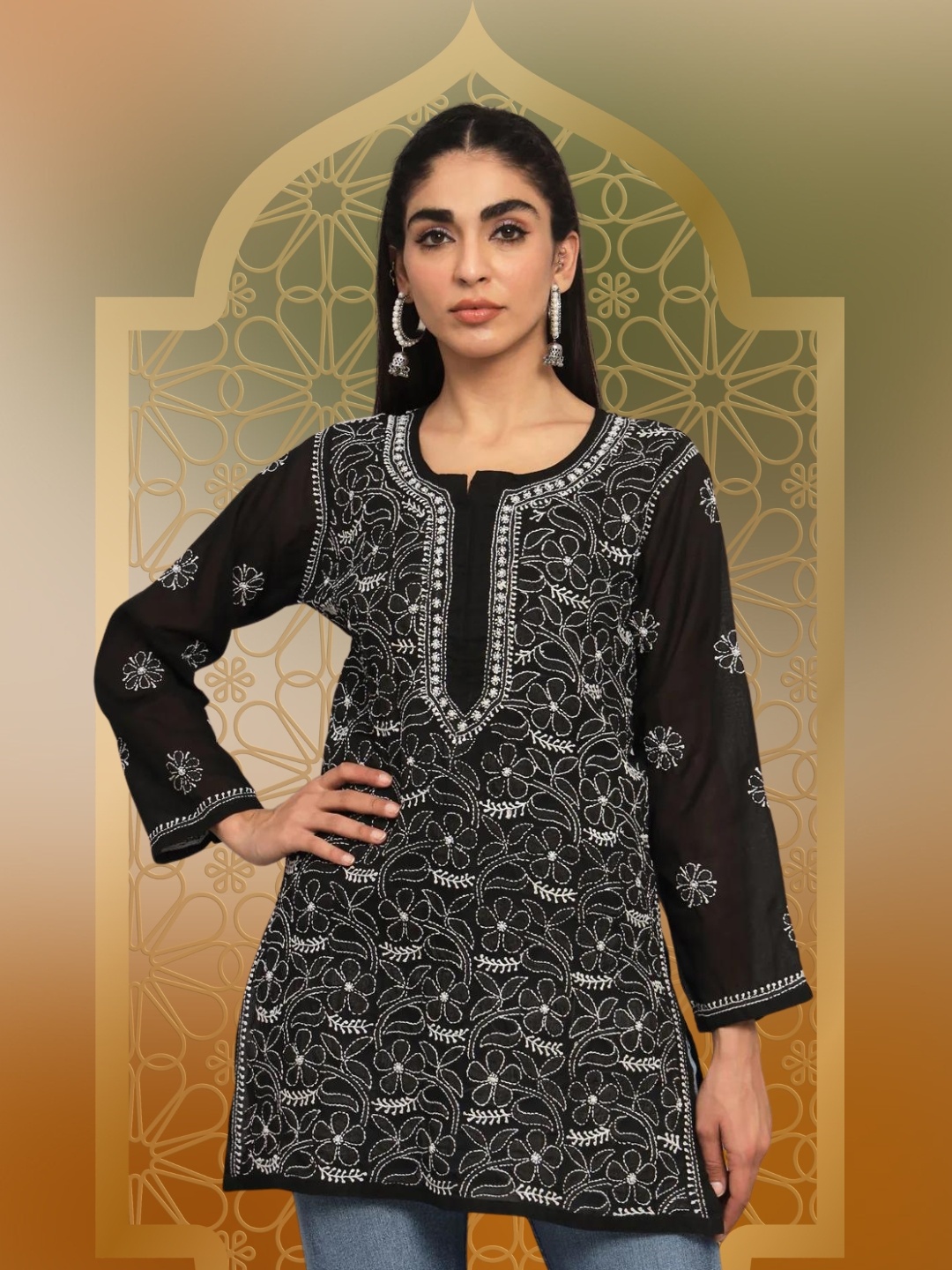

PARAMOUNT CHIKAN Ethnic Motifs Embroidered Chikankari Pure Cotton Kurti, Black
