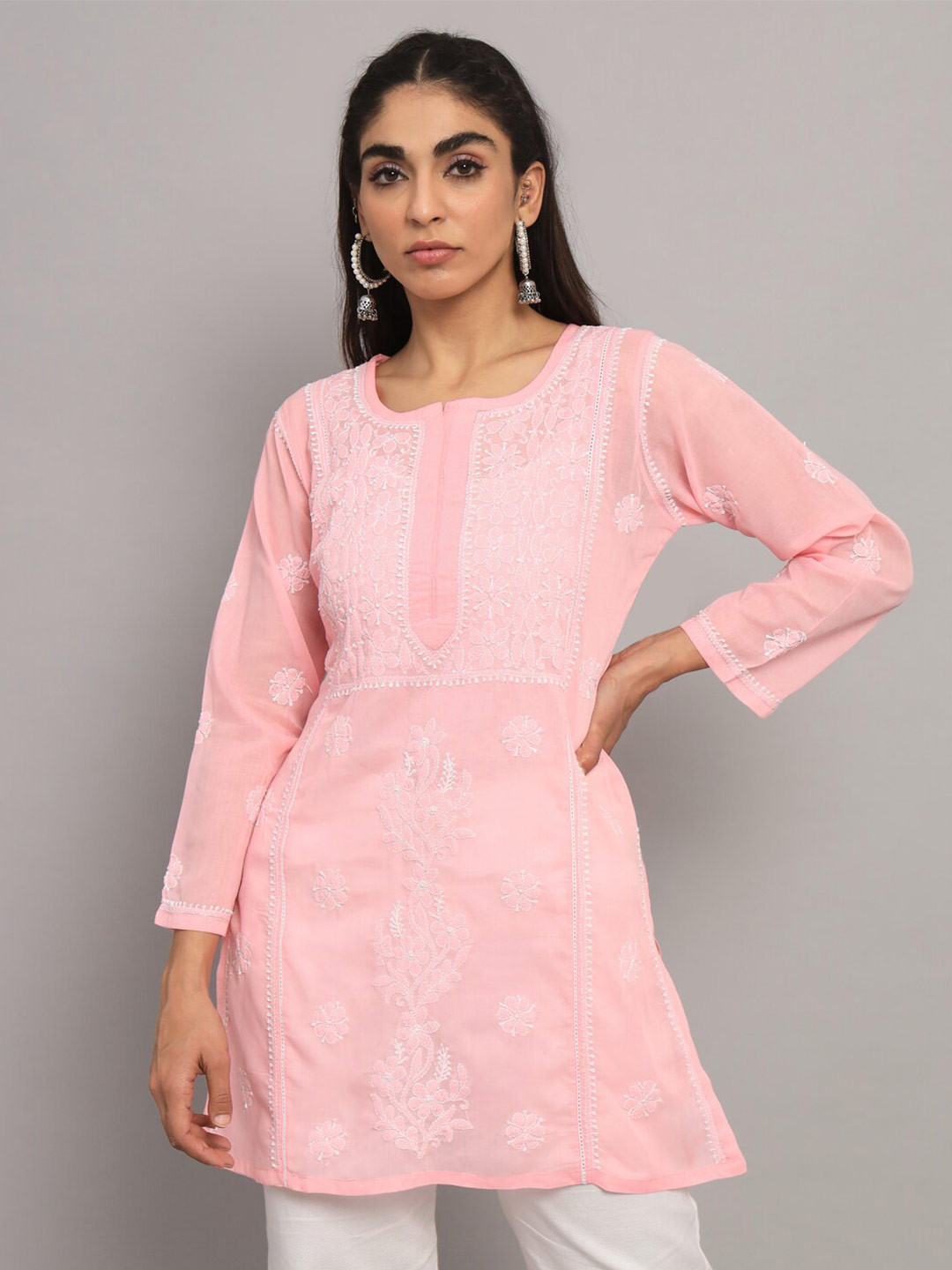 

PARAMOUNT CHIKAN Ethnic Motifs Embroidered Chikankari Pure Cotton Kurti, Pink
