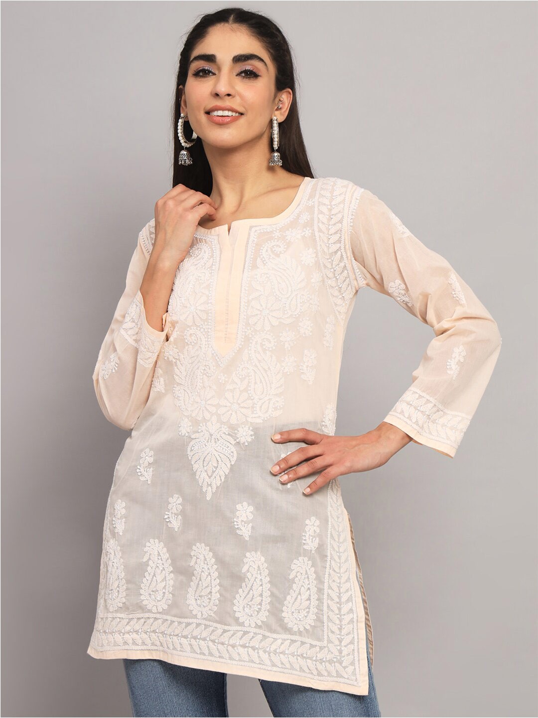 

PARAMOUNT CHIKAN Ethnic Motifs Embroidered Chikankari Pure Cotton Kurti, Peach