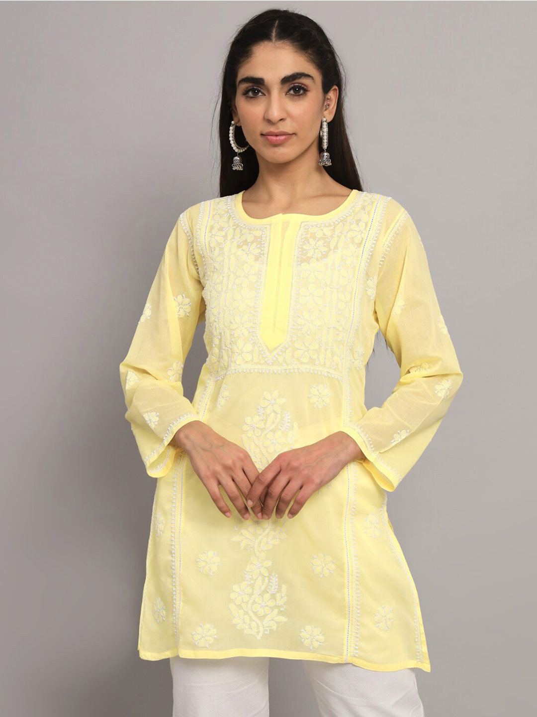 

PARAMOUNT CHIKAN Ethnic Motifs Embroidered Chikankari Pure Cotton Kurti, Yellow