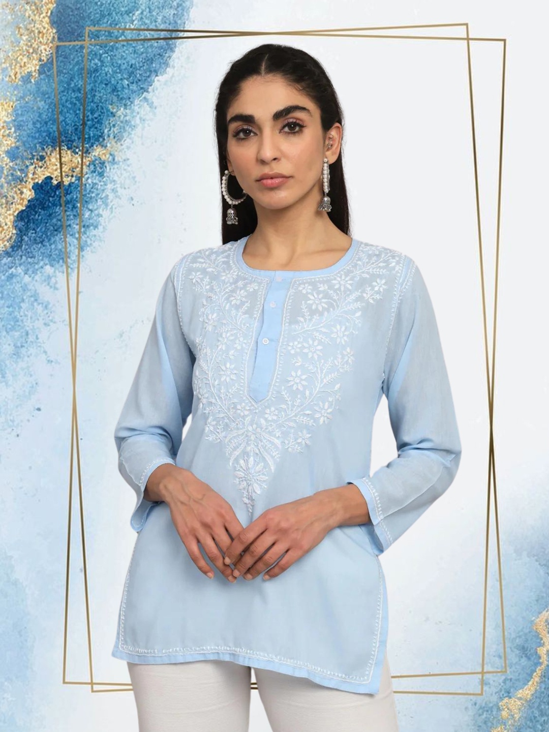 

PARAMOUNT CHIKAN Women Embroidered Lucknowi Chikankari Cotton Denim Kurti, Blue