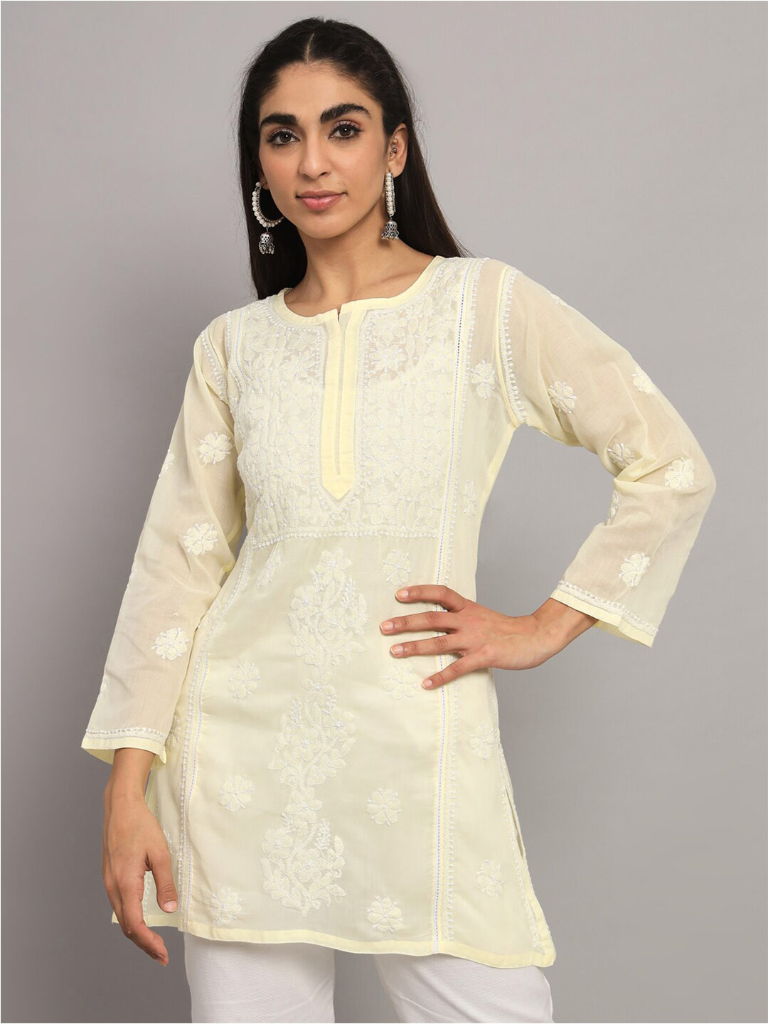 

PARAMOUNT CHIKAN Ethnic Motifs Embroidered Chikankari Pure Cotton Kurti, Yellow